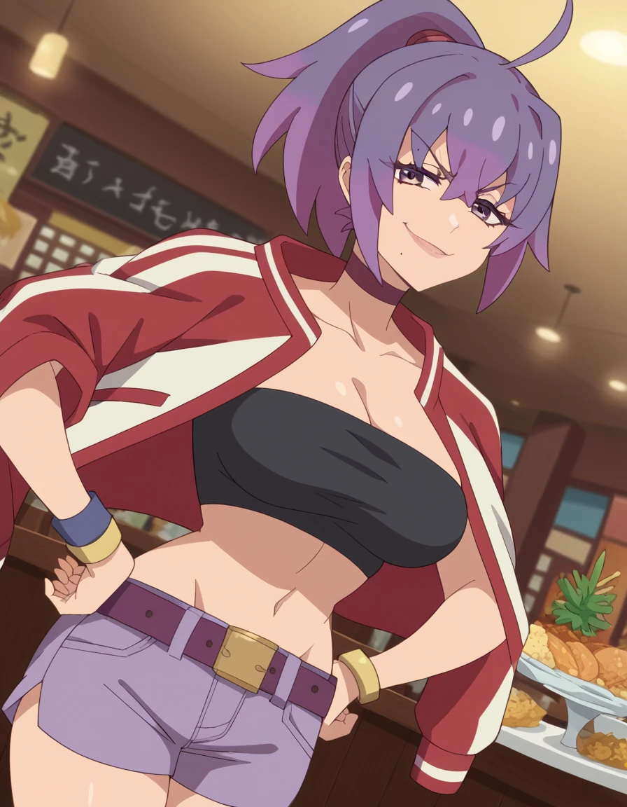 score_9, score_8_up, score_7_up, source_anime, <lora:mayonakapunch-tokage-s1-ponyxl-lora-nochekaiser:1>, tokage, large breasts, ponytail, purple hair, mole, mole under mouth, ahoge,, navel, cleavage, jacket, choker, midriff, shorts, belt, bracelet, red jacket,, restaurant, laughter, good food, warm lighting, celebration, , , smug, hands on hips,, solo,, cowboy shot, dutch angle