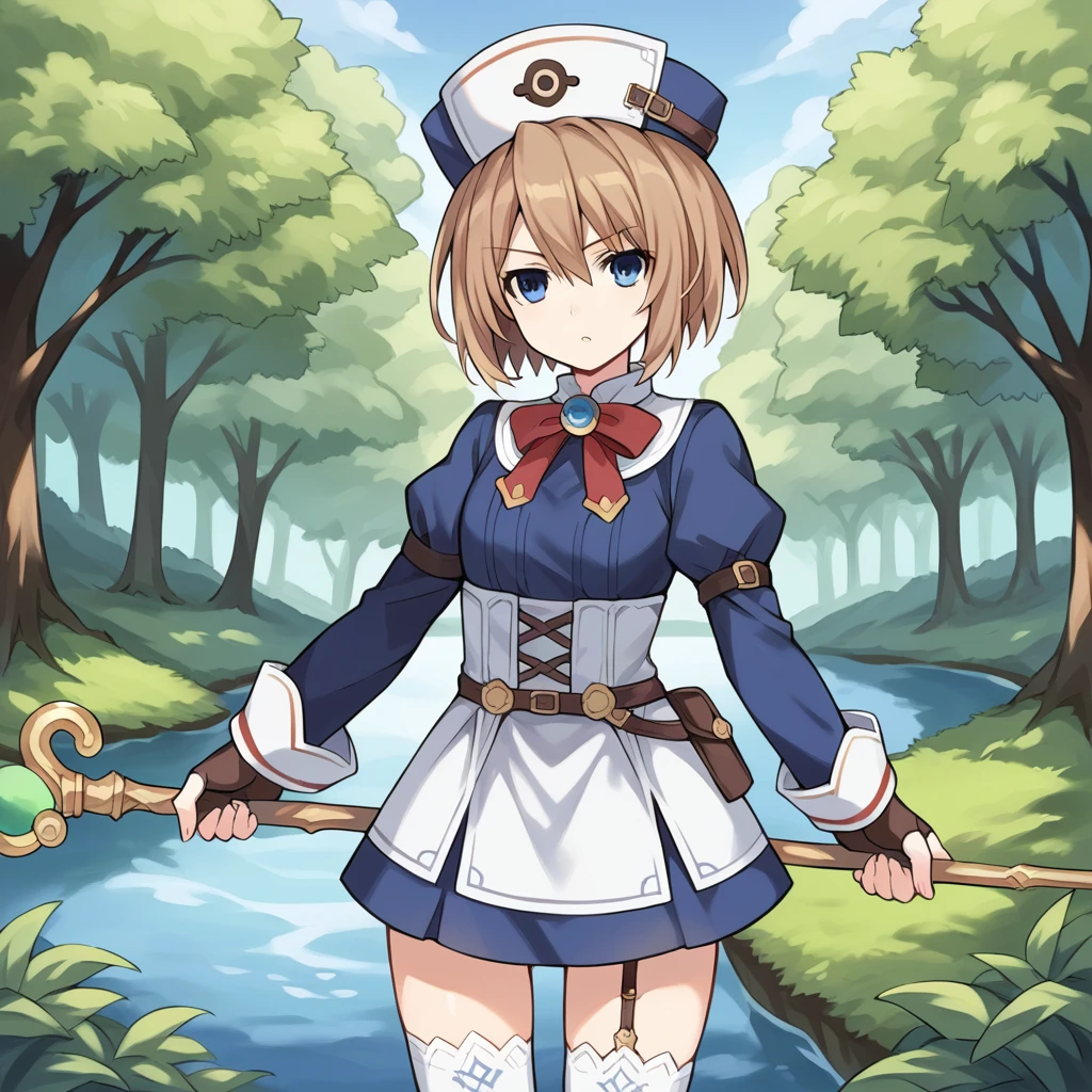 score_9_up, score_8_up, score_7_up, source_anime, 1girl, solo, BlancCPU, BlancOne, Bla_JP, trees, bushes, river, standing, looking at you, holding staff, serious, parted lips, blanc (neptune series), brown hair, short hair, blue eyes, white thighhighs, garter strap, brown belt, pouch, two-tone skirt, white skirt, blue skirt, white corset, cross-laced clothes, white collar, red bowtie, gem, blue shirt, juliet sleeves, long sleeves, blue sleeves, white wrist cuffs, fingerless gloves, brown gloves, white headwear, nurse cap, dynamic cowboy shot, outdoors, Forest background