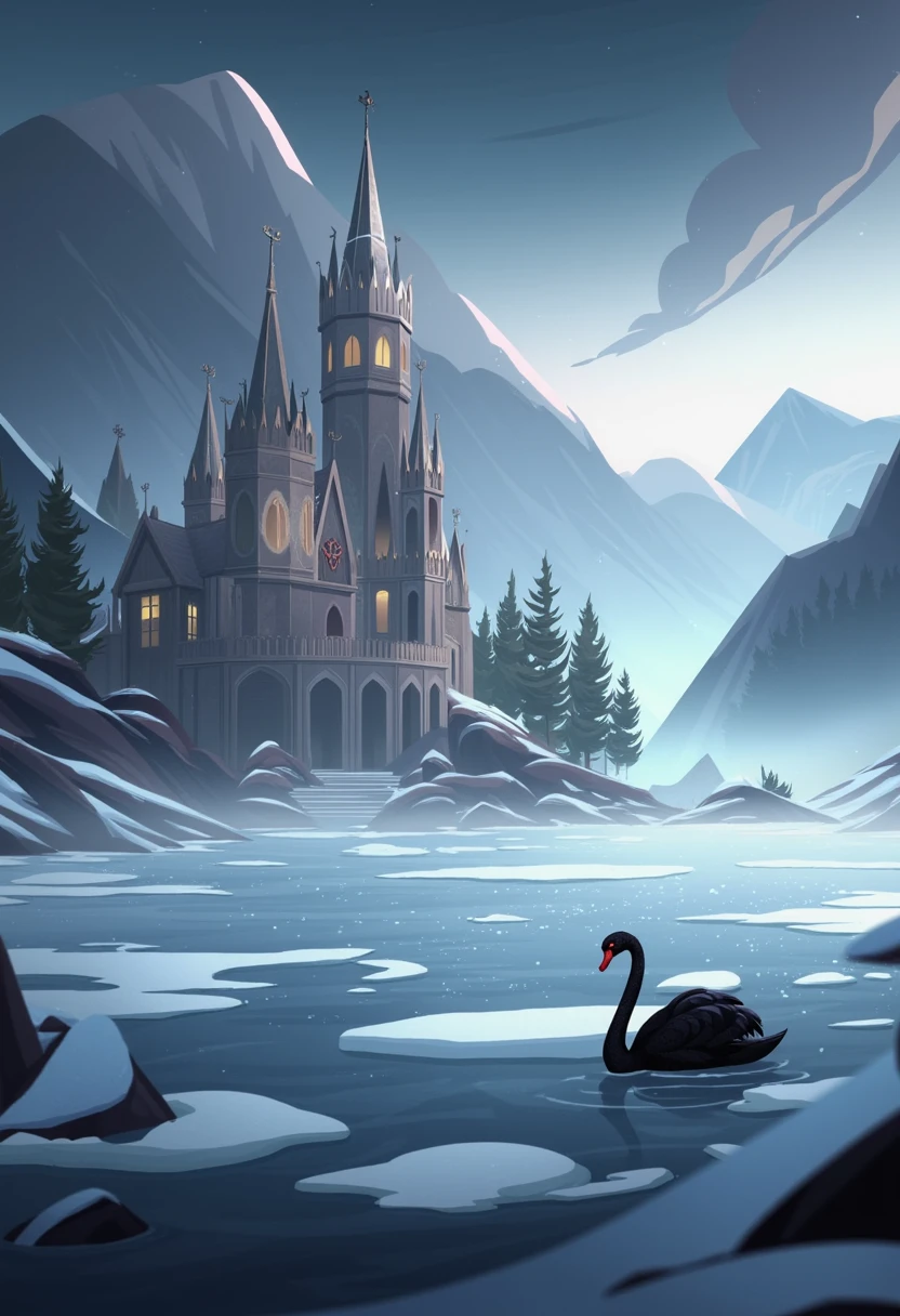 fantasy art, color, romantic, mystical, a castle on the shore of a freezing lake with a black-red swan swimming, stardust,, high detailing <lora:tw1l1g0dsstyl3v4:1>