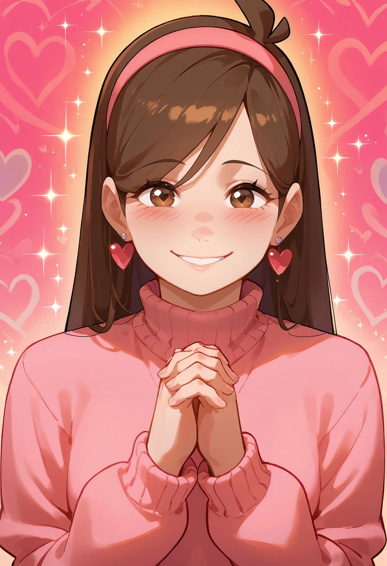 score_9,score_8_up,score_7_up, <lora:banjabu_style_pdxl_goofy:1>banjabuStyle, 1girl, brown hair, blush, brown eyes, earrings, sparkle background, jewelry, own hands together, own hands clasped, pink sweater, heart background, looking at viewer, turtleneck sweater, smile, upper body, long hair, hairband