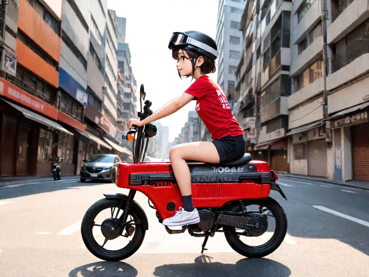 best quality, very aesthetic, absurdres, high resolution, ultra detailed, detail,
1girl, young girl, round face, down-turned eyes, very short hair, small breast, hair clip on front, smile,
black helmet with goggle, white graphic t-shirt, short pants, socks, shoes, random pose, 
riding red body motocompo,
outdoors, road, urban city,
shot from afar, wide shot, ultra photo realistic, 
mas motocompo, <lora:motocompo_red_anmg31_sdxl_r2:1>,