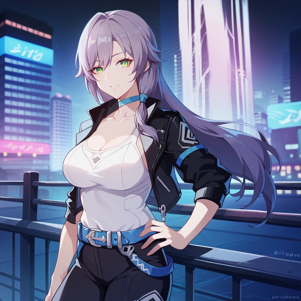 score_9_up, score_8_up, score_7_up, 1girl, solo, cityscape, night city, perfect eyes, neon lights, rooftop, standing, hand on railing, looking at you, seductive smile, hand on hip, from side, angled shot, face focus, parted lips, purple hair, side ponytail, long hair, green eyes, black jacket, biker, white shirt, black pants, blue belt, blue choker, cleavage, mature body dynamic cowboy shot, cityscape background,