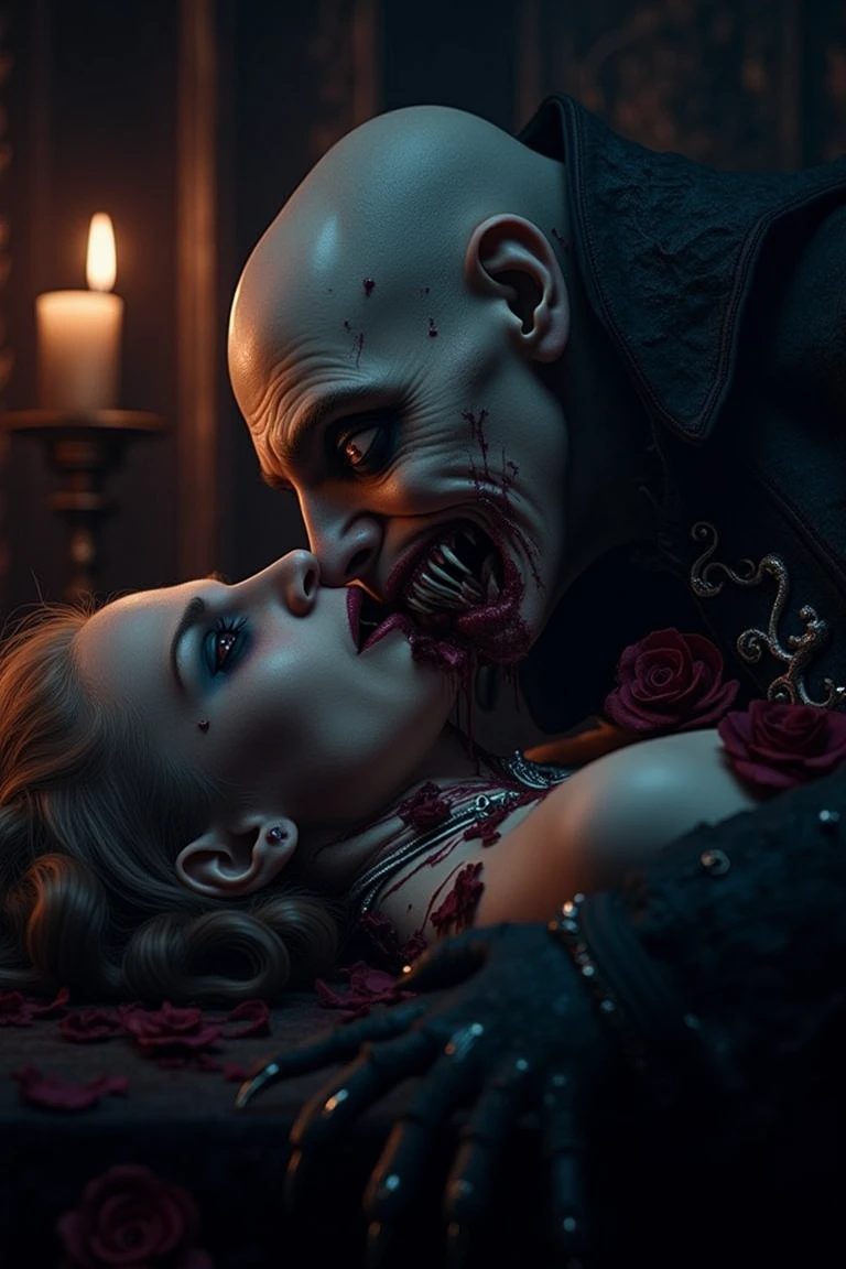 A horrific yet elegant vampire, with sharp fangs sunk into a woman's neck, drinking her blood. The scene is set in a dimly lit, gothic chamber with dark, rich textures. The vampire has a menacing yet graceful posture, with elongated fingers wrapped around the woman's throat. The woman's face shows a mix of fear and pain, illuminated by the soft, eerie glow of candlelight. The composition is tight, focusing on the vampire's face and the woman's neck, with shadows enhancing the horror. Highly detailed, ultra-realistic, 8k resolution.