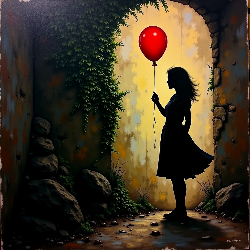 Painting, dark silhouette of a young woman holding a red balloon, standing near an ivy-covered wall. Atmospheric, rustic, moody. Dark. Artistic. Oil painting.

rmbrnksyCE style