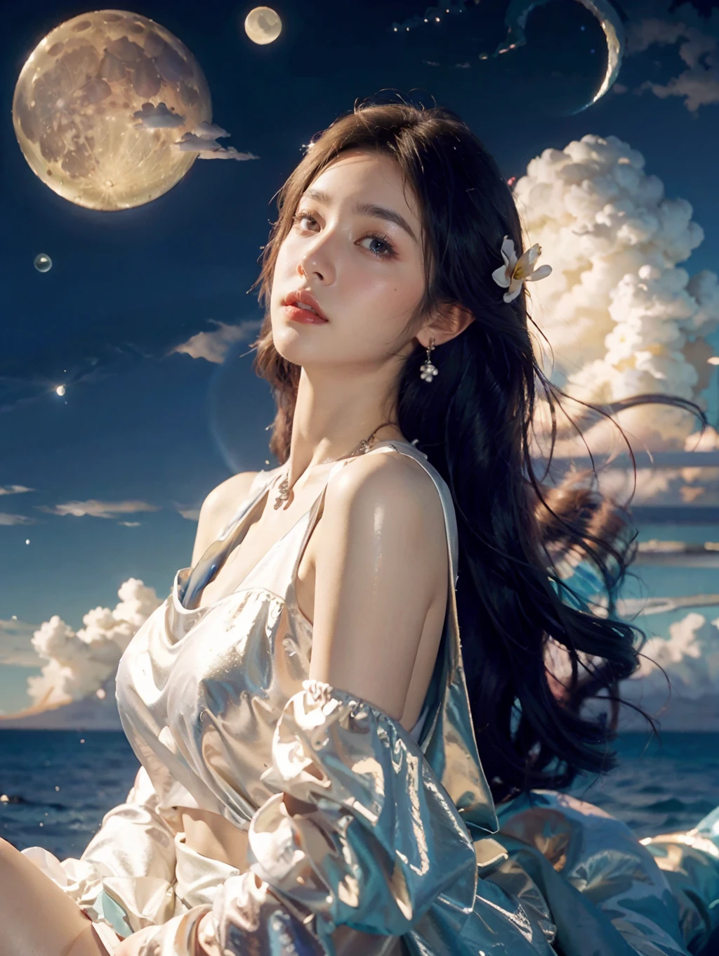 1girl,curly hair,necklace,earrings,lips,(haute couture fashion fable:1.3),(Milky skin, shiny skin:1.2),A beautiful woman with delicate facial features,(medium breasts:1.3),very long hair,(bare shoulders:0.8),(the huge moon:1.3),bright,(clouds:1.8),sky,realistic style with fantasy elements,cowboy shot,floating highlights,(light on face:1.5),Bubbly,day,splash of color,floating in the sky,cloud,Tyndall effect,volumetric lighting,sharp focus,masterpiece,best quality,<lora:last-000001:0.6>,(bubble_skirt:1.1),(white dress:1.3),(ocean:1.5),(panorama:1.9),(flower:1.2),art by Alessio Albi,(low saturated pink and blue color sch:1.2),<lora:å¢å å²è¯ç»é¢æ°å´åæå¾ç»è_v1.0:0.6>,