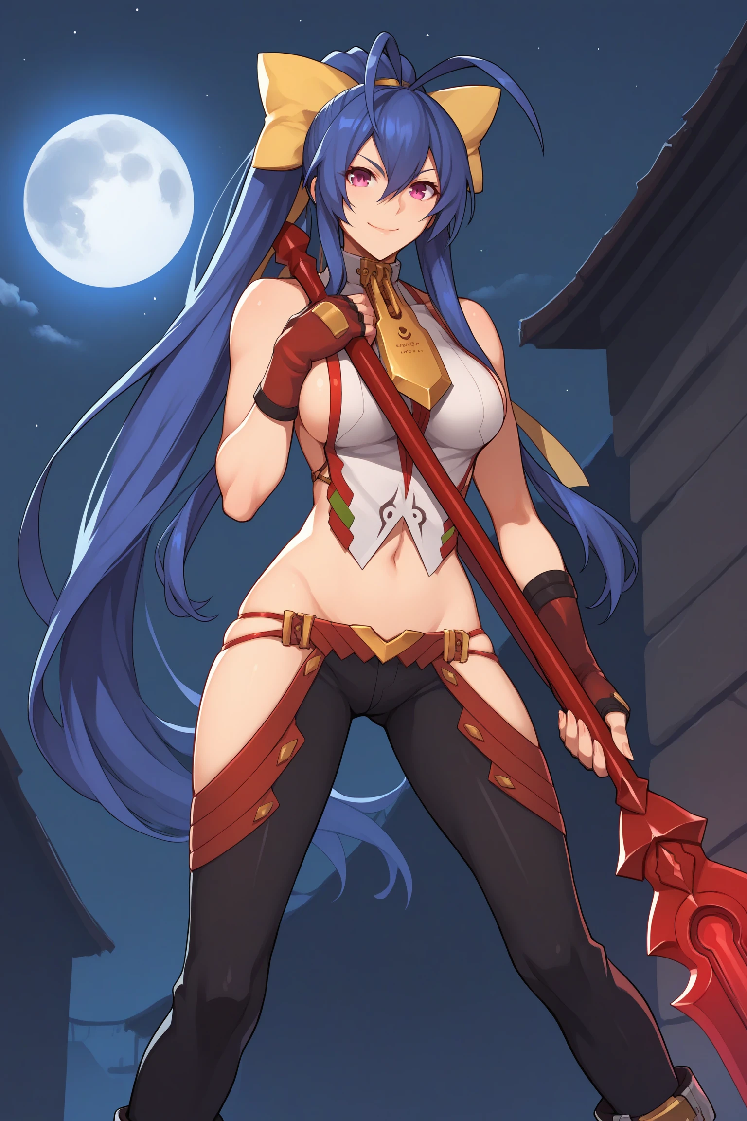 mai natsume, very long hair, ponytail, blue hair, yellow hair ribbon, antenna hair, hair between eyes, sidelocks, purple eyes, crop top, zipper pull tab, yellow zipper pull tab, sideboob, red gloves, fingerless gloves, bare shoulder, backless outfit, skindentation, midriff, navel, stomach, hip vent, lowleg, lowleg pants, black pants, boots, <lora:Mai_Natsume:0.9>, score_9, score_8_up, score_7_up, score_6_up, score_5_up, source_anime, rating_safe, medium breasts, outdoors, living room, 1girl, solo, looking at viewer, <lora:age_slider_v4:2>, weapon, red spear, holding weapon, (night:1.5), moon