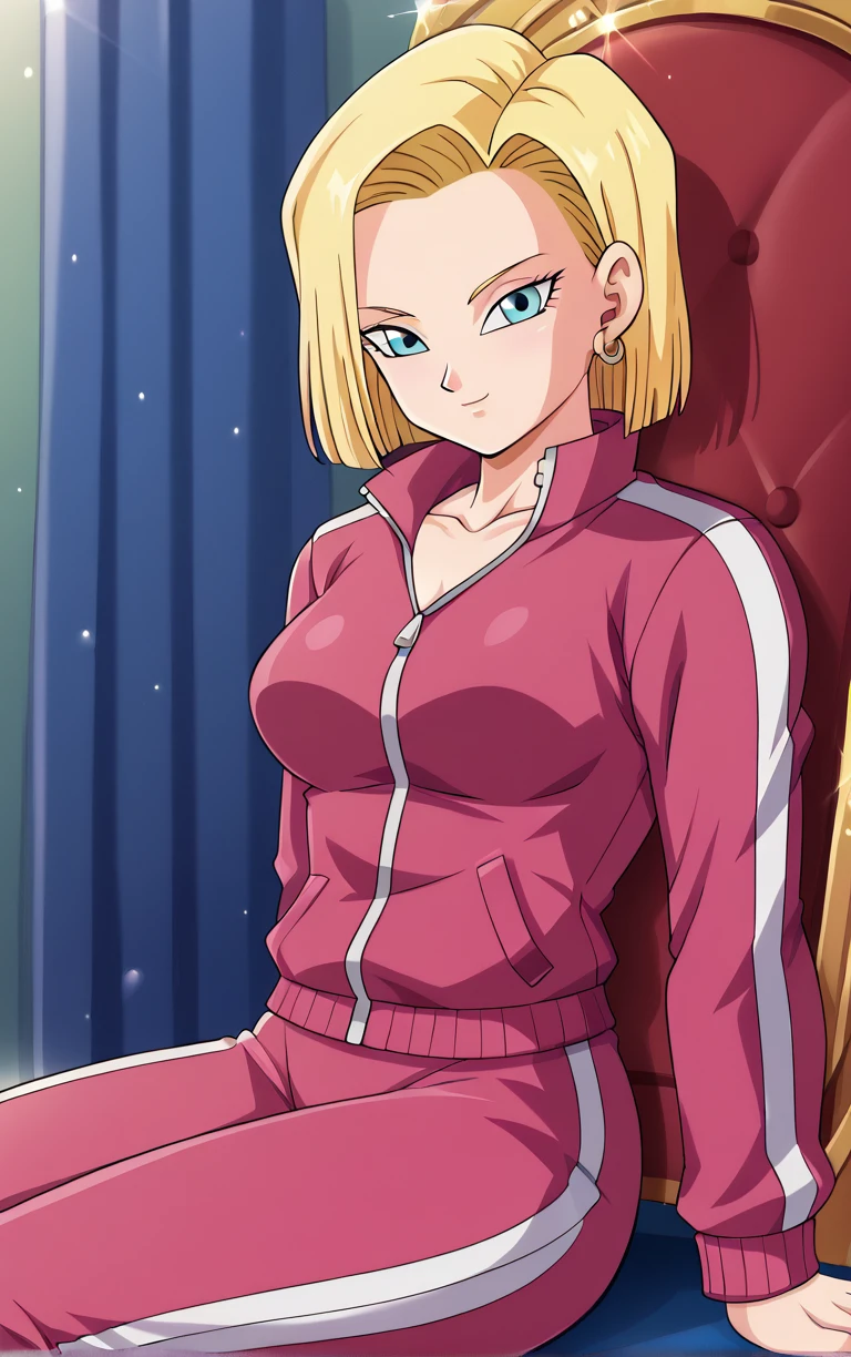 score_9, score_8_up, score_7_up, BREAK
TrackSuit_Android18_ownwaifu, android 18, 
1girl, blonde hair, blue eyes, eyelashes, forehead, short hair, earrings, jewelry, breasts, collarbone, 
pink jacket, pink pants, track suit, track jacket, track pants, long sleeves, pants, zipper,
(sitting on throne, sitting, throne), throne room, straight-on, curtains, light particles, bokeh, loaded interior, indoors, <lora:PONYXL_DragonBall_Android18_ownwaifu:0.75>, solo,