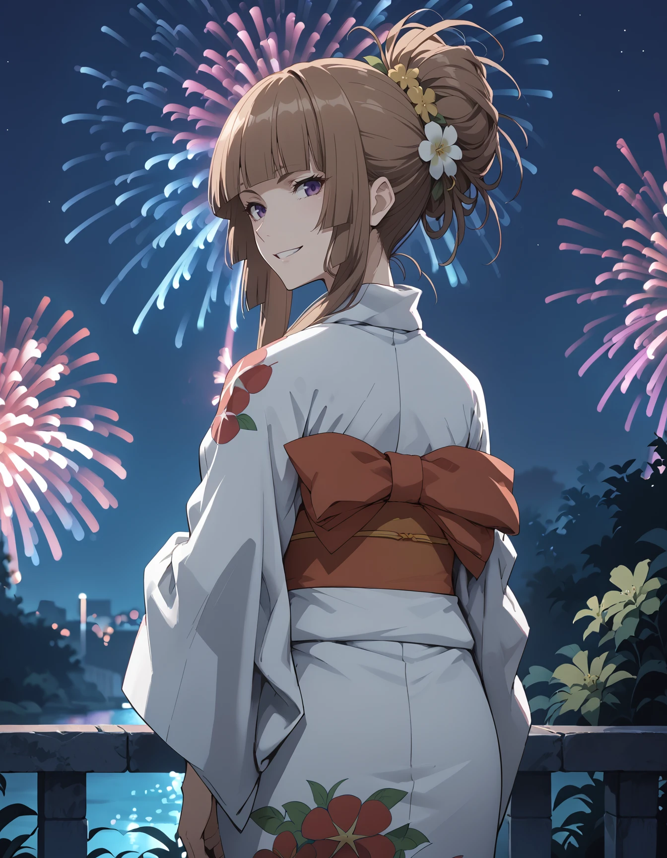 (score_9, score_8_up,score_7_up,source_anime,anime),solo focus,1girl, <lora:FuwaAika:1> FuwaAika,brown hair,blunt bangs,purple eyes,hime cut,small breasts
,grin
BREAK
hair up,japanese clothes,kimono,yukata,hair ornament
,looking back, from behind, 
night, fireworks, aerial fireworks, 
<lora:NoctFlatStyleV4:0.6>