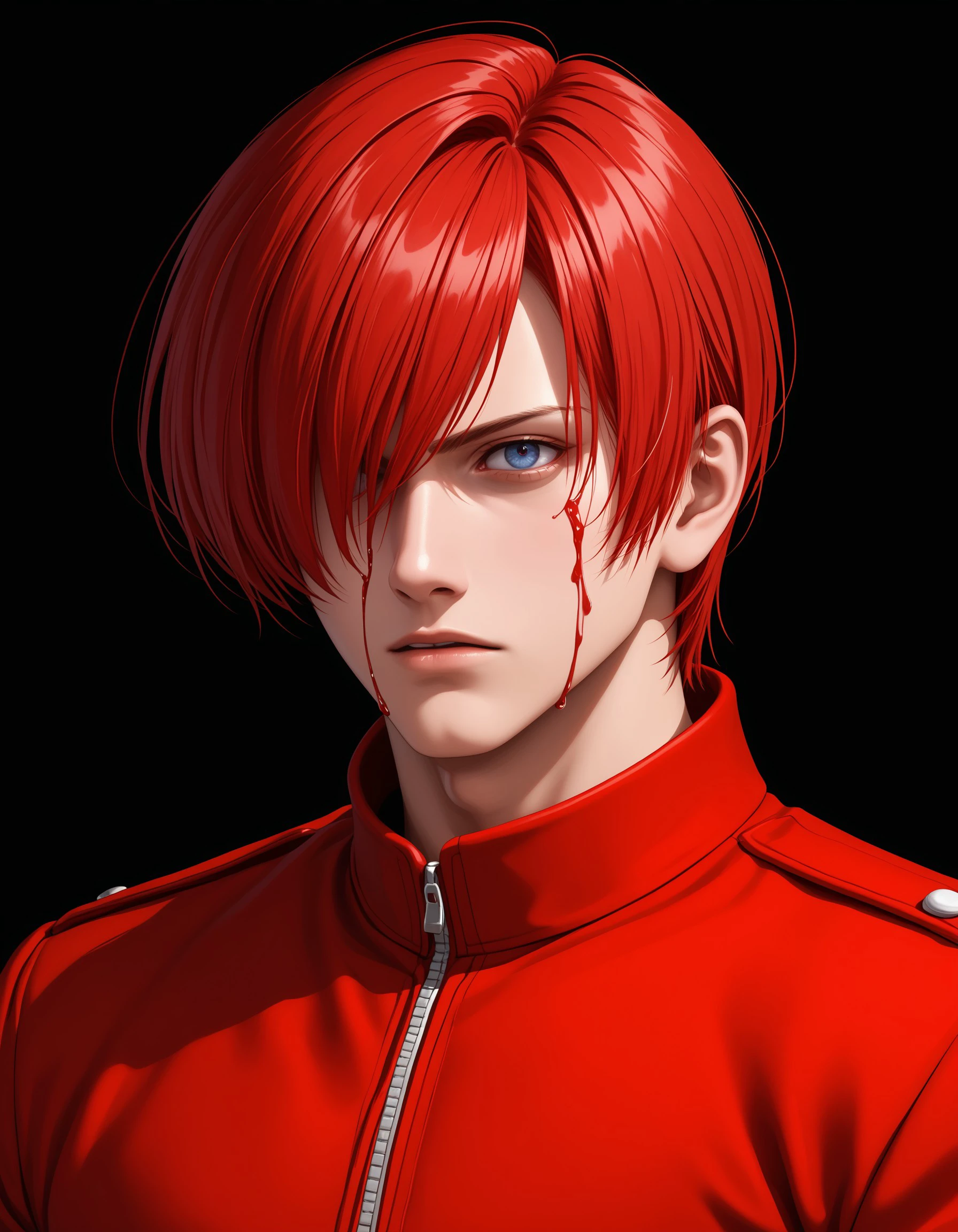 (masterpiece), best quality, expressive eyes, perfect face, iorikof, solo, short hair, simple background, 1boy, jacket, upper body, male focus, red hair, hair over one eye, blood, black background, blood on face, <lora:fd69ca1b-ce37-4e50-ba07-8d05b6cf87a1:0.7>