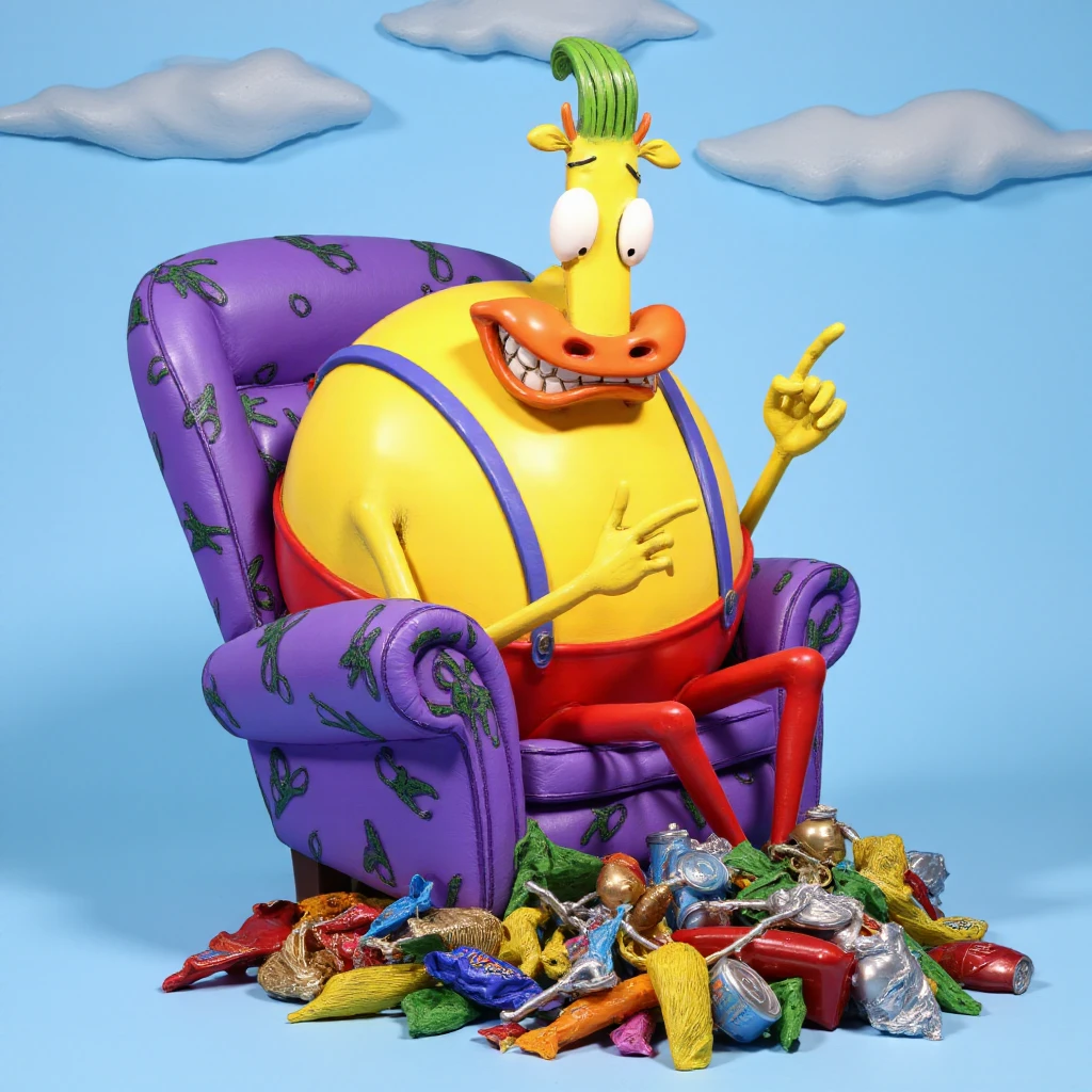 a bronze sculpture  featuring a whimsical character sitting in a purple armchair adorned with green squiggles the armchair is sitting on a garbage pile consisting of chip bags, soda cans, candy wrappers. The character is anthropomorphic and has a large, round body with a yellow hue. He has a long, slender neck and a prominent, toothy grin, giving him a mischievous expression. His head is adorned with a bright green mohawk. The character is wearing red pants and has a pair of blue suspenders, which are loosely hanging from his shoulders. He is pointing with his right index finger, indicating something or someone off-screen. The background is a solid, light blue, providing a stark contrast to the colorful character and the purple armchair. The armchair has a plush texture and is upholstered with a pattern of green scissors, adding to the quirky and playful aesthetic of the image. the background is puffy clouds . The character's posture and the direction of his finger suggest he is engaged in a lively conversation or making a statement. <lora:heffersmodellife_epoch_18:0.85>  <lora:Bronze_test:1>