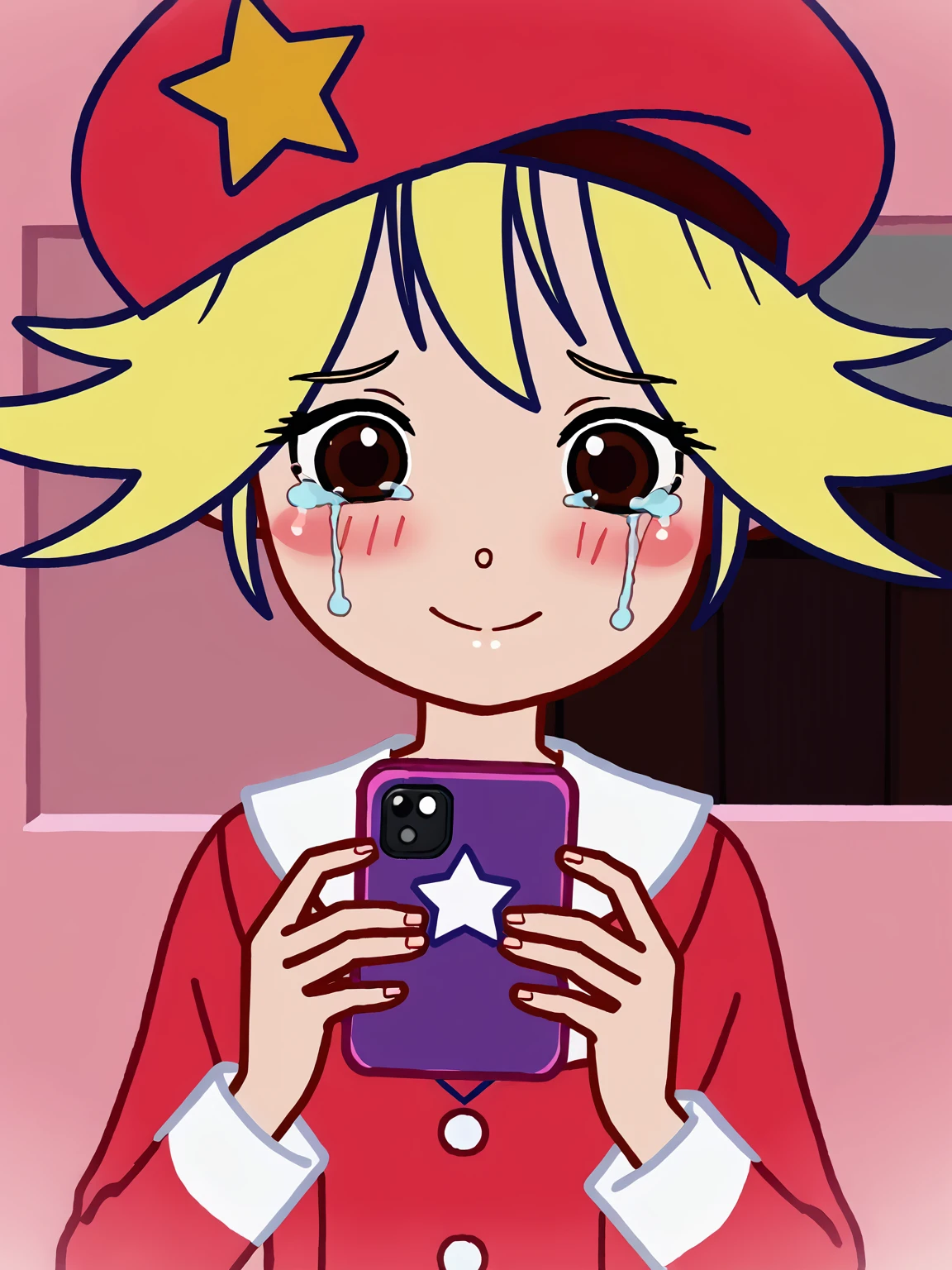 1girl, smile, source_cartoon, piuvictoria, <lora:Victoria (Pump It Up):0.85>, blush, blonde hair, brown eyes, red hat, star ornament, crying, sad, holding phone, flip phone