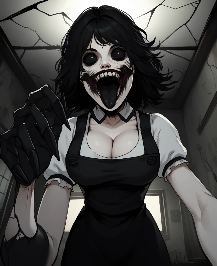 score_9,score_8_up,score_7_up,score_6_up,
agathaxl,black hair,black eyes,smile,open mouth,black tongue,tongue out,
pinafore dress,black claws,black hands,short sleeves,
abandoned school,dark corners,night,indoors,cleavage,large breasts,
cracked screen,
from below,horror \(theme\),
<lora:agathaxl:1>,