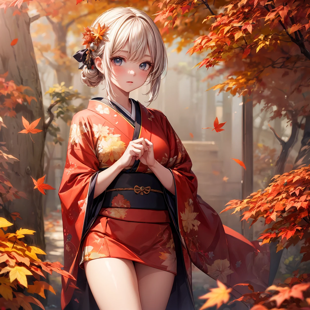 (masterpiece,ultra-detailed,best quality,8K,CG,illustration,shaved:1.0),(girl:1.0) simple background, <lora:flat2:-1> <lora:kouyou_SD_V1.0:1> autumn leaves,kimono