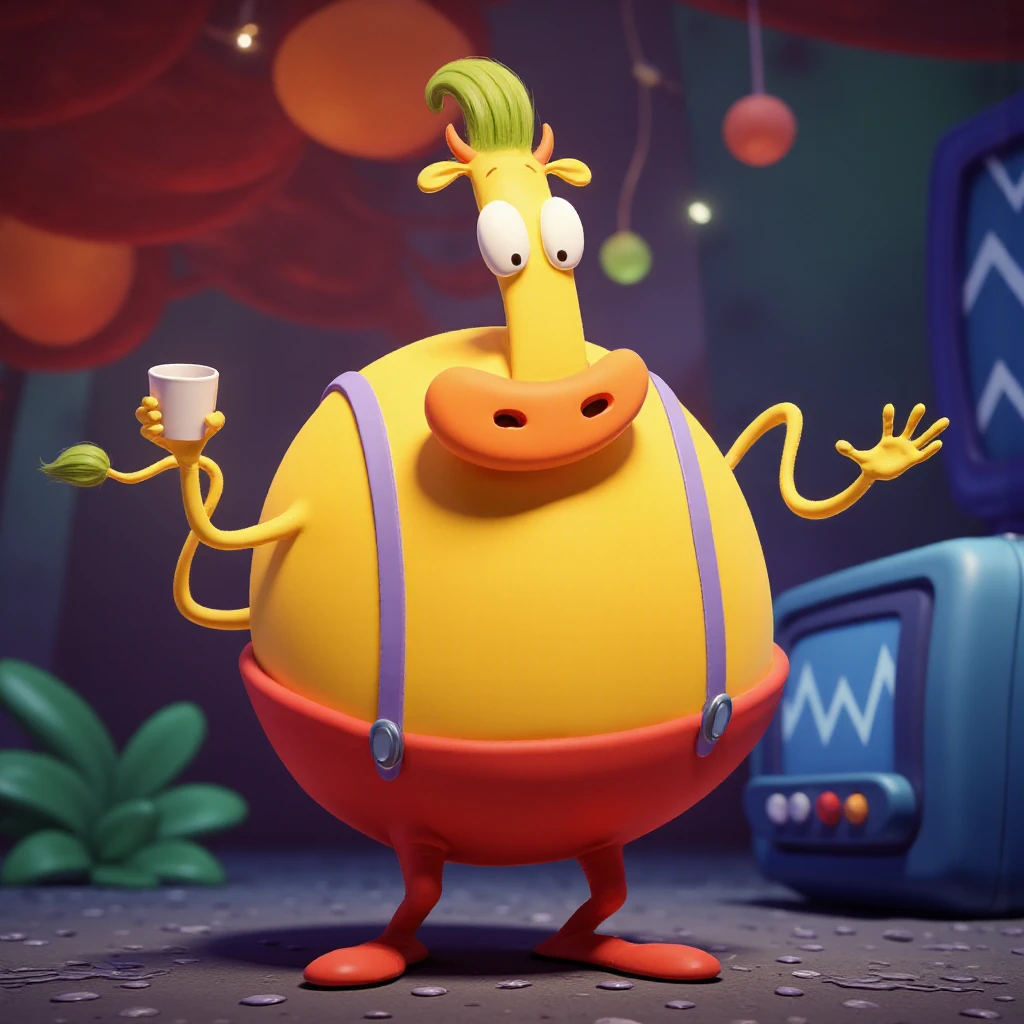 This is a digital CGI artwork featuring a whimsical, cartoonish character resembling a large, round, yellow creature with a friendly demeanor. The creature has a large, bulbous body, exaggeratedly large eyes with wide, white pupils, and a small, round nose. It has a green, spiky mohawk on top of its head, adding a playful touch. The creature is dressed in red suspenders, which hang loosely from its shoulders, and a pair of red shorts that sit low on its body, revealing its round belly.
In its right hand, the creature holds a small white cup, and its left hand is raised in a friendly wave. The background is blurred, with a bokeh effect of various colored circles in shades of red, orange, and green, suggesting a lively, festive atmosphere. The floor is textured with a pattern of small, dark circles, adding depth to the scene. To the right, a large, round, blue object with white zigzag patterns is visible, possibly a TV or a large, decorative ball. The overall style is vibrant and cartoonish, with a playful, whimsical tone. <lora:heffersmodellife_epoch_18:1>