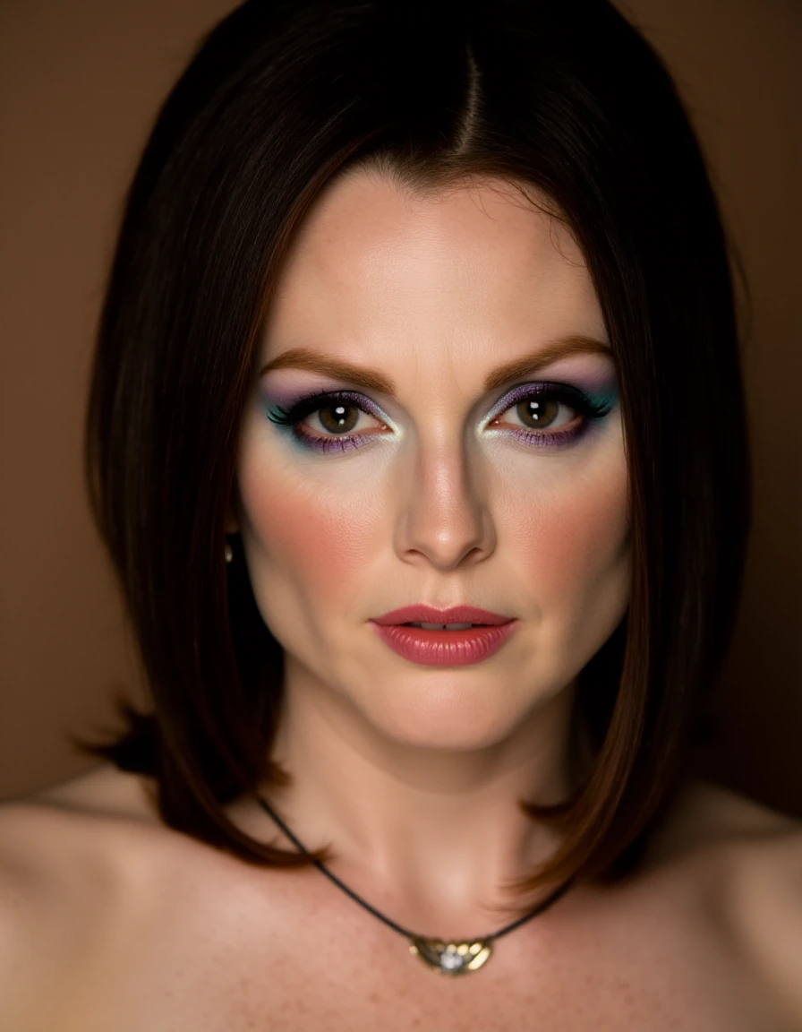 This is a high-resolution photograph of a young woman with a striking, close-up portrait. She has fair skin, dark brown hair styled in a sleek, straight manner that falls just below her shoulders. Her eyebrows are well-groomed and dark, framing her expressive eyes which are adorned with dramatic makeup. Her eyelids are covered in a shimmering, iridescent blue and purple eyeshadow, creating a vibrant and eye-catching effect. She has long, thick eyelashes, enhanced with mascara, and her eyeliner is carefully applied to accentuate her eyes. Her lips are painted a bold, glossy pink, which contrasts beautifully with her skin tone.
She is wearing a simple, elegant necklace with a small, delicate pendant that rests just above her collarbone. Her earrings are small, round studs with a subtle design. The background is a soft, neutral brown, which helps to highlight her face and the intricate details of her makeup without drawing attention away from her. The lighting is soft but directional, casting subtle shadows that enhance the contours of her face and the texture of her skin. The overall mood of the photograph is elegant and sophisticated, emphasizing the subjectâs beauty and the artistry of her makeup.,Julianne Moore, <lora:Julianne_Moore_Flux_V1:1>