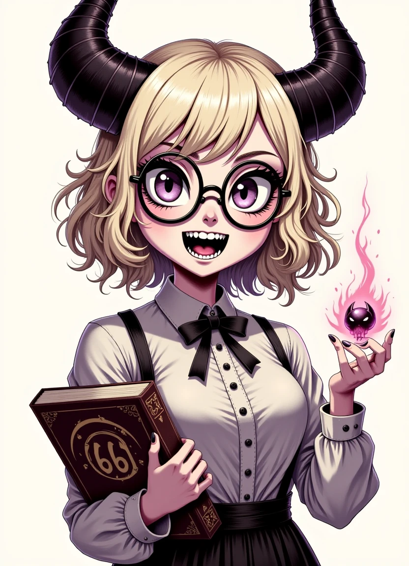 A flat 2D digital drawing of a sfw, mad young woman. She is short in height and has wavy platinum blonde hair that shines like air. Her teeth are perfectly straight and her eyes are framed by glasses. On her head she wears two horns that seem to be made from dark material giving off a creepy vibe. In one hand she holds an old book while the other hand seems to be manipulating some sort of temporal anomaly, with 666 emblazoned on it like a demon summoned sigil.