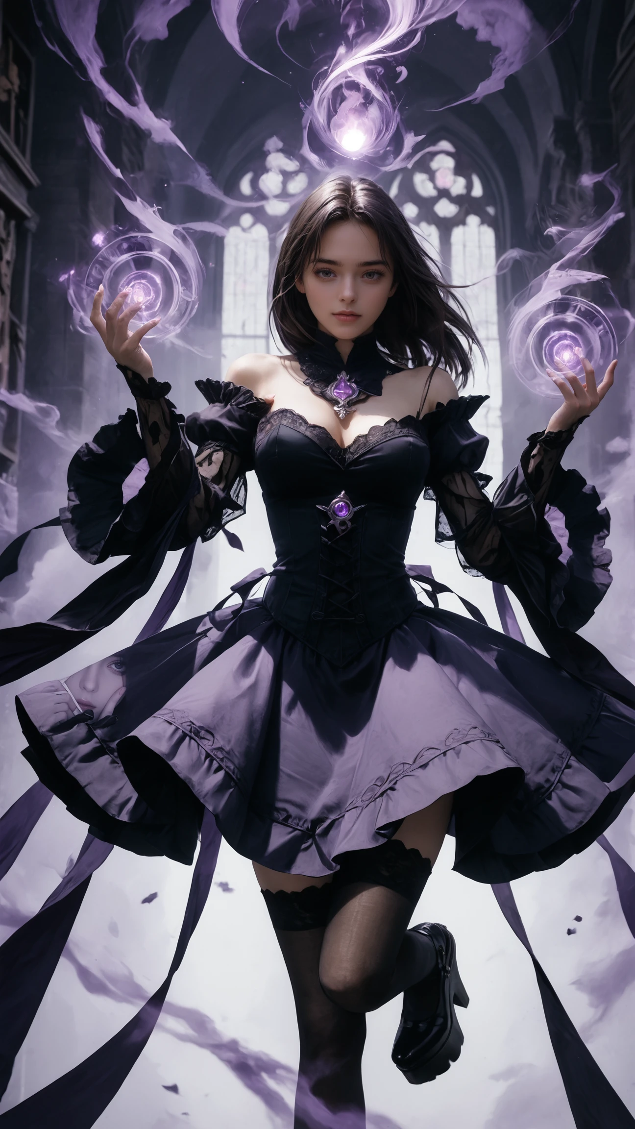 score_9, score_8_up, score_7_up, BREAK, 1 woman, wearing reij-lady, black dress, lsvr sleeves, stockings, black platform shoes,  <lora:reij-dresslady:1>, floating, frontview, mysterious, summon magic, closed eyes, purple mist, purple magic, floating glowing runes, front view, very dark, alchemist interior, shadows, close up