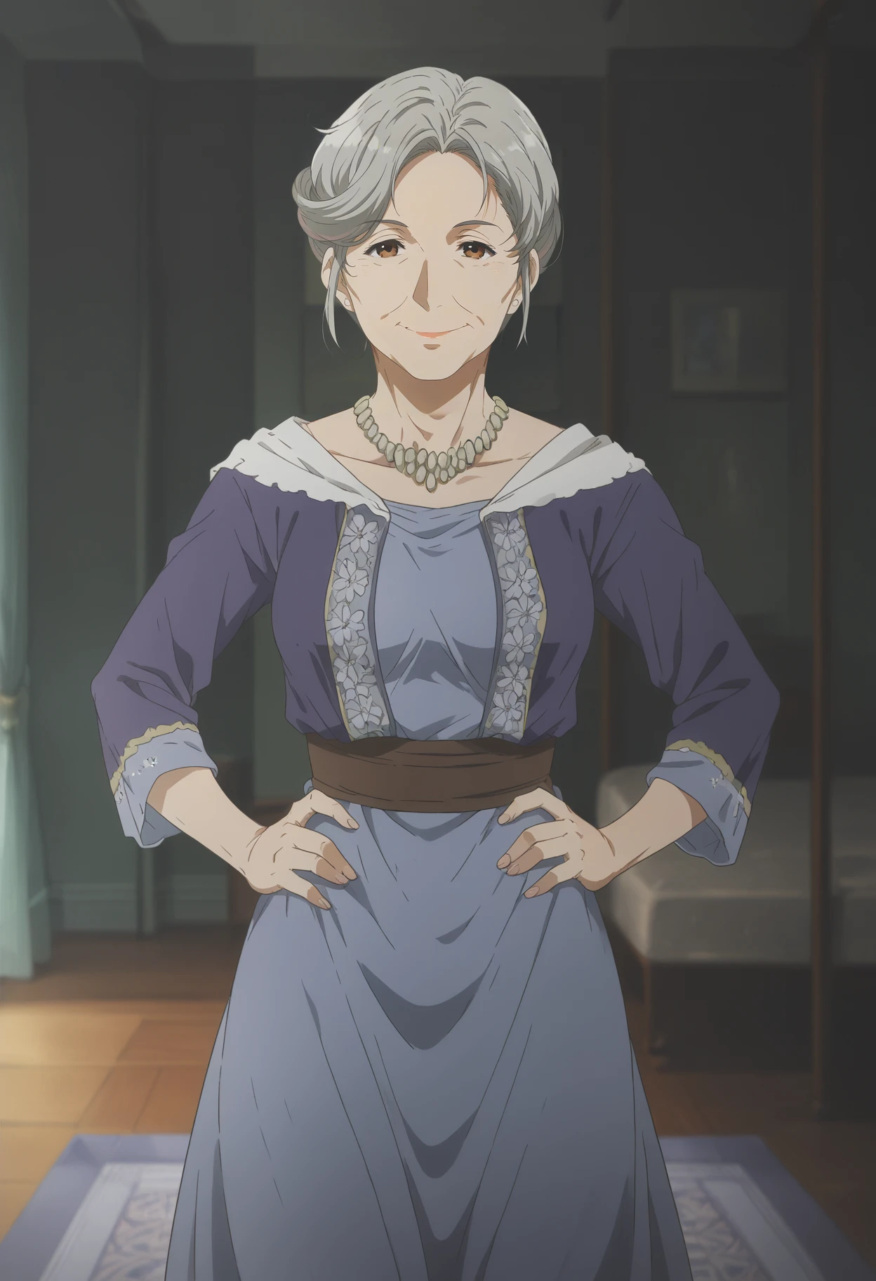 <lora:Tiffany_Evergarden-Violet_Evergarden:0.8>,Tiffany,old woman,1girl,solo,grey hair,brown eyes,dress,cowboy shot, hands on own hips, looking at viewer, indoors,smile