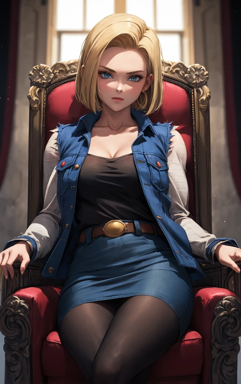 (masterpiece, best quality:1.4), insaneres, absurdres, solo, looking at viewer,BREAK 
MainOutfit_Android18_ownwaifu, android 18, 
1girl, blonde hair, blue eyes, eyelashes, forehead, short hair, earrings, jewelry, collarbone, breasts, medium breasts, straight hair,
denim jacket, long sleeves, blue jacket, vest, striped sleeves, blue skirt, belt, denim skirt, black shirt, black pantyhose, torn sleeves, brown belt, striped, pencil skirt, cleavage, pants, sleeveless jacket,
(sitting on throne, sitting, throne), throne room, straight-on, curtains, light particles, bokeh, loaded interior, indoors, <lora:ANIME_DragonBall_Android18_ownwaifu:0.75>, solo,