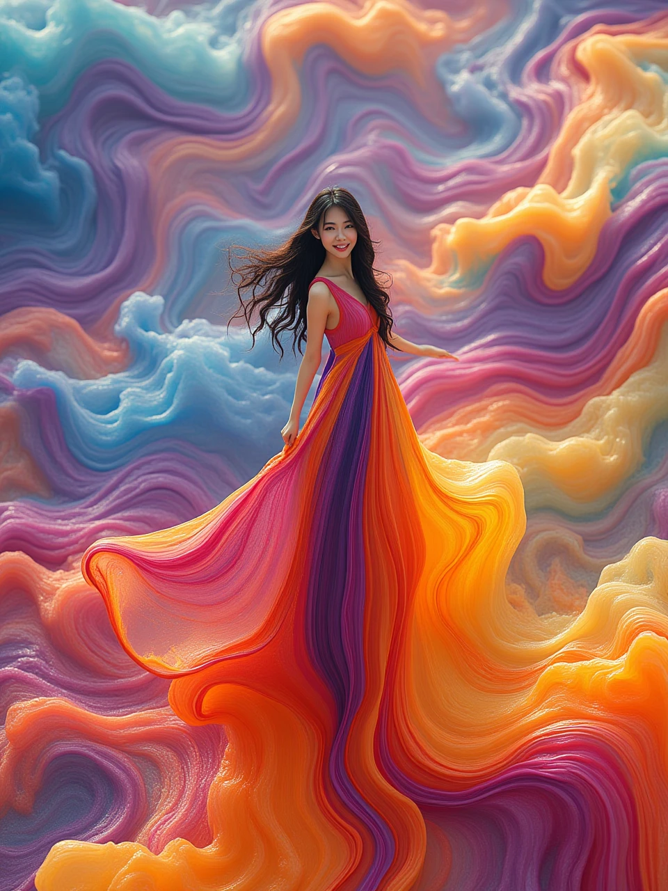 acid-g-style,Psychedelic color of rainbow,aerial view of a beautiful woman facing viewer and smile,chinese female,standing between colorful mountains, full length shot