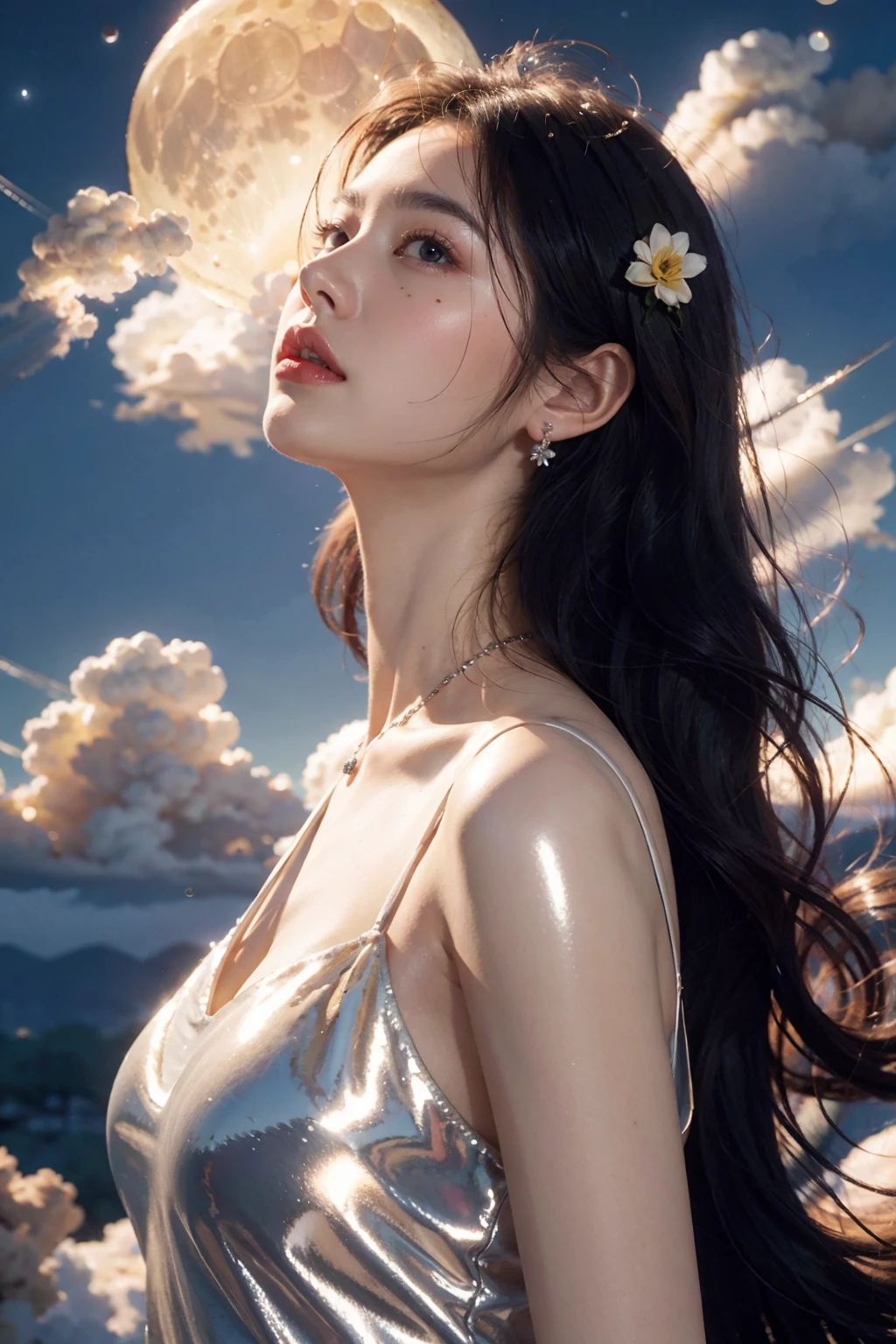 1girl,curly hair,necklace,earrings,lips,(haute couture fashion fable:1.3),(Milky skin, shiny skin:1.2),A beautiful woman with delicate facial features,(medium breasts:1.3),very long hair,(bare shoulders:0.8),(the huge moon:1.3),bright,(clouds:1.8),(hair_flaps:1.2),sky,The cumbersome decoration of clothing,realistic style with fantasy elements,cowboy shot,floating highlights,light on face,Bubbly,day,splash of color,floating in the sky,cloud,Tyndall effect,(light particle:1.1),bright,volumetric lighting,sharp focus,masterpiece,best quality,film still life,<lora:last-000001:0.6>,fluffy,