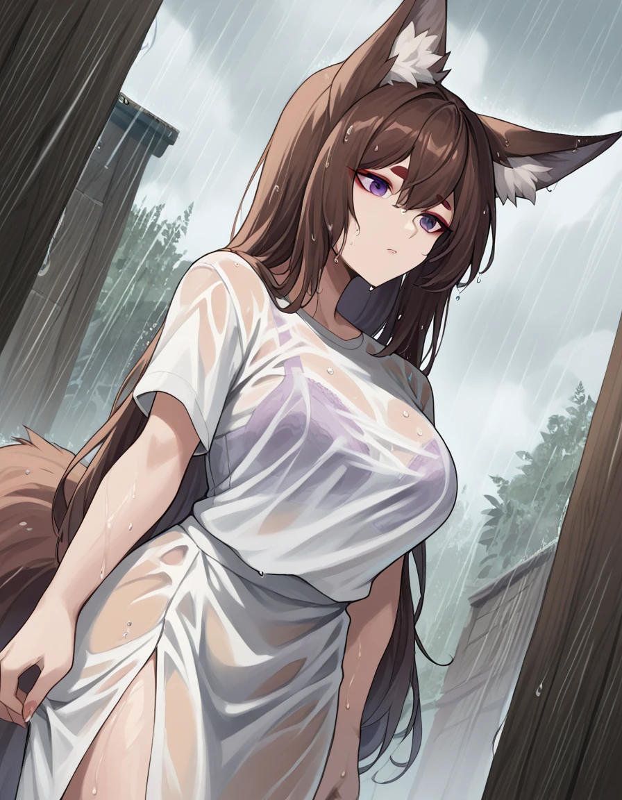 score_9, score_8_up, score_7_up, source_anime, <lora:azurlane-amagi-ponyxl-lora-nochekaiser:1>, amagi, animal ear fluff, animal ears, brown hair, fox ears, fox girl, fox tail, kitsune, purple eyes, very long hair, red eyebrows, short eyebrows, makeup, eyeshadow, large breasts,, <lora:bra-visible-through-clothes-ponyxl-lora-nochekaiser:1>, bra visible through clothes, wet shirt, wet clothes, see-through, see-through shirt, bra, bralines, wet, white shirt, bra peek, wet skirt,, outdoors, rain, cloudy, , cowboy shot, dutch angle