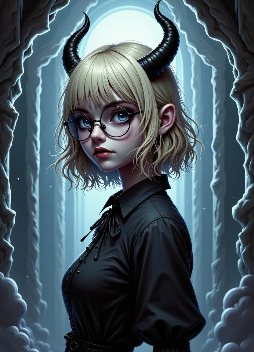 Young woman with short, wavy, light blonde hair and glasses wearing a pair of horns on a flat 2D digital background as if she's collapsing into a portal, surrounded by a dark and eerie atmosphere of a collapsing world where humans are undergoing a process of rapid teleporting transhumanism.