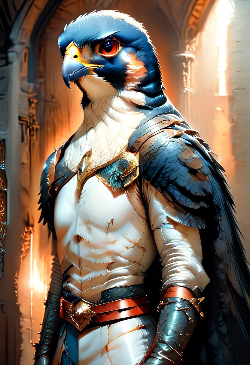 a Humanoid Peregrine Falcon hybrid with ((the big head of a Peregrine Falcon)), (wearing a super realistic smooth steel and leather medieval armor), ((very tall slender fit tight body)), Inside a large, wide dungeon