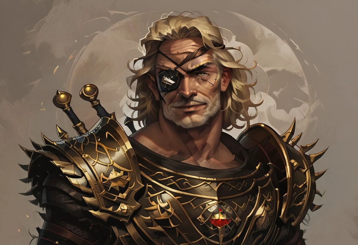 score_9, score_8_up, score_7_up, NHstyle concept art, realistic, media, BREAK, 1boy portrait, Kirac. KiracPoe. eyepatch. old man. blonde hair. old. armor. 1men. solo. portrait. male focus.