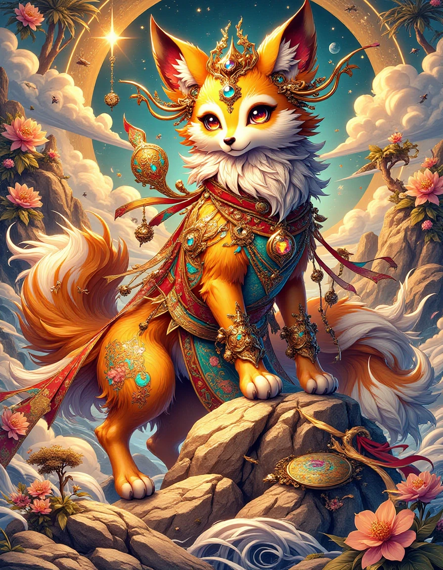 kitsune, stylized by William Zorach, Superficial ("Gold Stars":1.2) , it is wearing an its Astonishing Islandpunk fashion style ral-dreamguardian, inside a Sharp rocky outcrop, Modernist sculpture, organic forms, dynamic compositions, tactile surfaces, expressive gestures, <lora:ral-dreamguardian-flux:1>, exquisite color, colorful, beautiful elegant, highly decorated, best