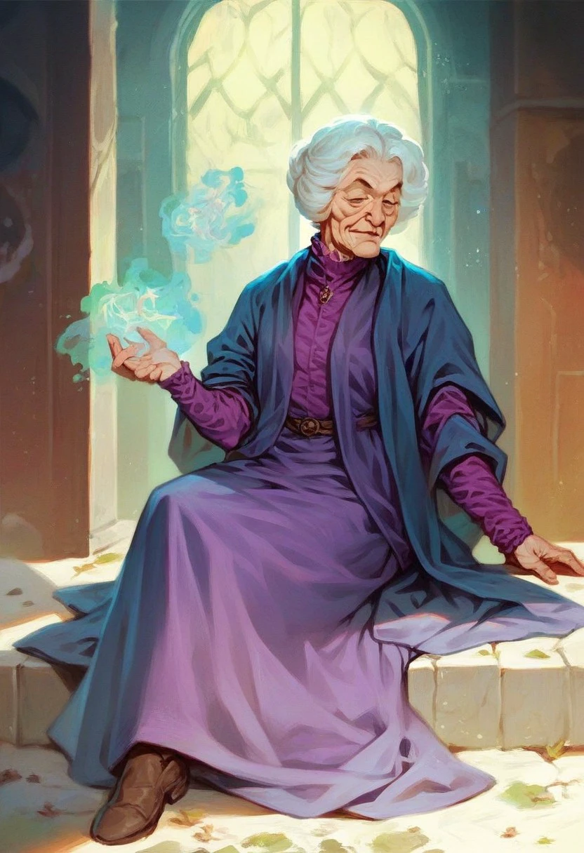 Score_9_up, score_8_up, score_7_up, score_6_up, 1girl, solo, agatha_H, old woman, white hair, purple dress, sitting in an old mansion, gentle smile, magic, (realistic), (painted art)