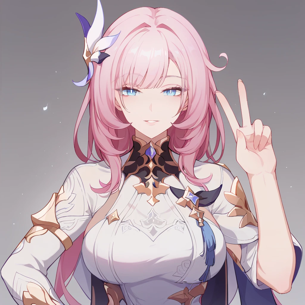 score_9_up, score_8_up, score_7_up, 1girl, solo, upper body, standing, looking at you, hand on hip, hand up, peace sign, seductive smile, parted lips, elysia (honkai impact), pink hair, blue eyes, long hair, mature body, dynamic cowboy shot, grey background,