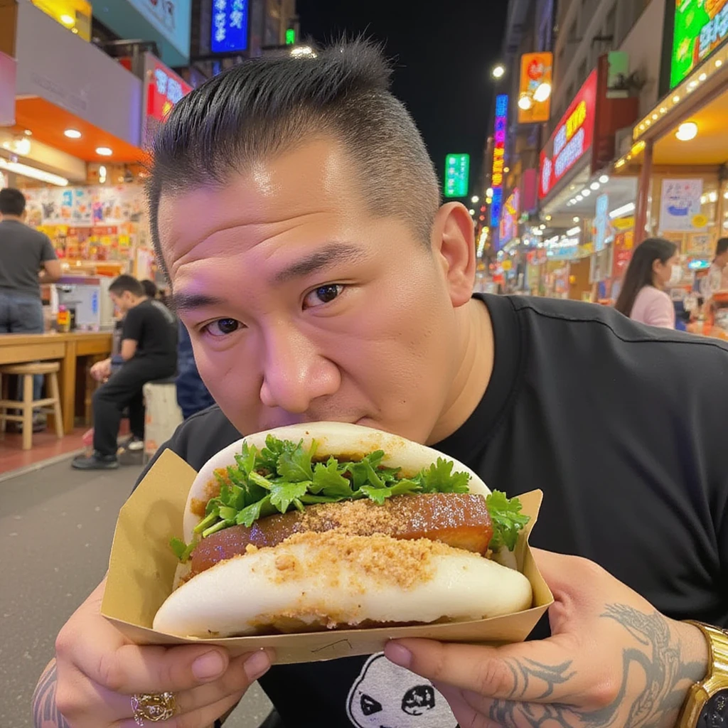 Medium shot of a man enjoying a traditional Taiwanese gua bao at a bustling night market, the gua bao taking up about a quarter of the frame in his hands, steamed white bun folded like a taco, stuffed with classic Taiwanese san-layer pork belly (三層肉), fresh cilantro leaves visible but not overwhelming, fine peanut powder dusted on top, man's satisfied expression clearly visible as he takes a bite, background showing colorful night market stalls, string lights overhead, other patrons visible in the scene, warm lighting emphasizing the vibrant atmosphere, high-resolution image balancing focus between the man, the gua bao, and the lively night market setting