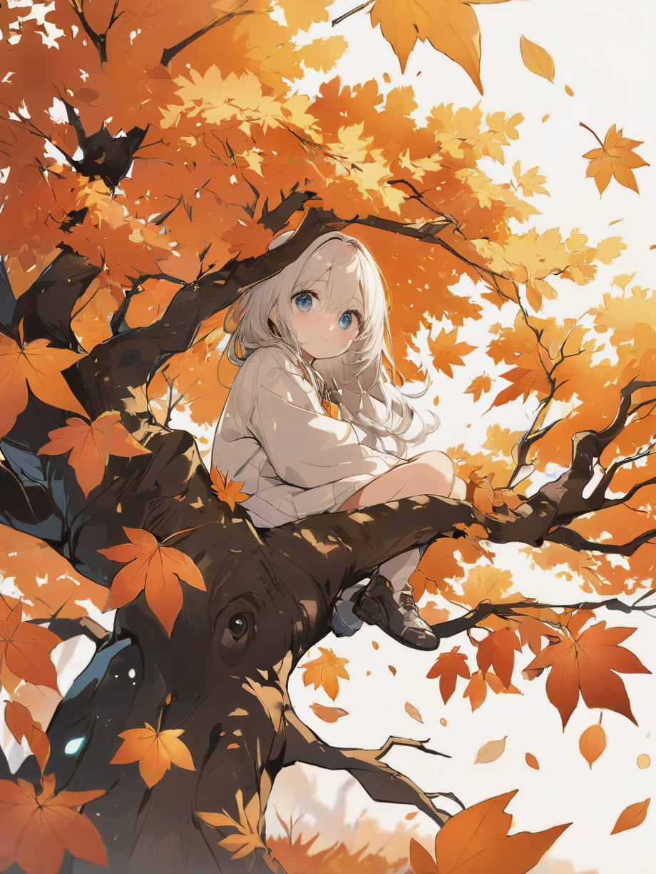 masterpiece,ultra-detailed,best quality,8K,illustration,cute face,clean skin ,shiny hair,girl,ultra-detailed-eyes,simple background, <lora:add-detail-xl:1>  <lora:kouyou_XL_V1.0:1> autumn leaves,tree