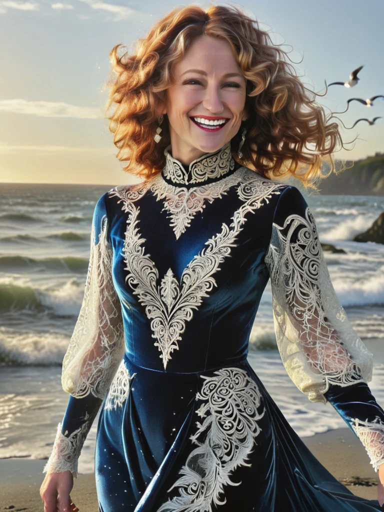 a professional absurdres sharp focus intricately detailed full torso photograph of the beautiful (Ellen_Sandweiss:1.1),
with a snarky smile and a swirly-colored hairstyle,
dressed in a velvet evening gown with lace sleeves and turtleneck,
standing on a beach watching the sunset with gulls flying about,
 <lora:Ellen_Sandweiss-SDXLe15:0.85> 
 <lora:DonMG3157P4nz3rXL:1> DonMG3157P4nz3rXL