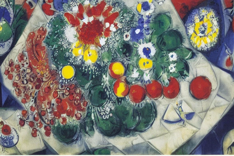 <lora:Chagall-10:1>, Chagall, A still life arrangement of fruits and flowers on a patterned tablecloth.