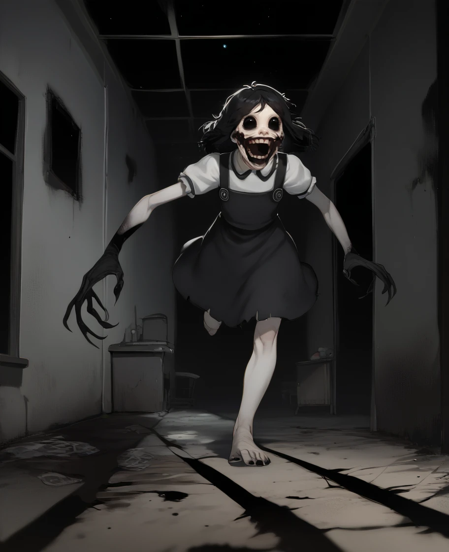 score_9,score_8_up,score_7_up,score_6_up,
agathaxl,black hair,black eyes,laughing,
pinafore dress,barefoot,black claws,black hands,
running,horror \(theme\),
abandoned school,dark corners,night,indoors,
<lora:agathaxl:1>,