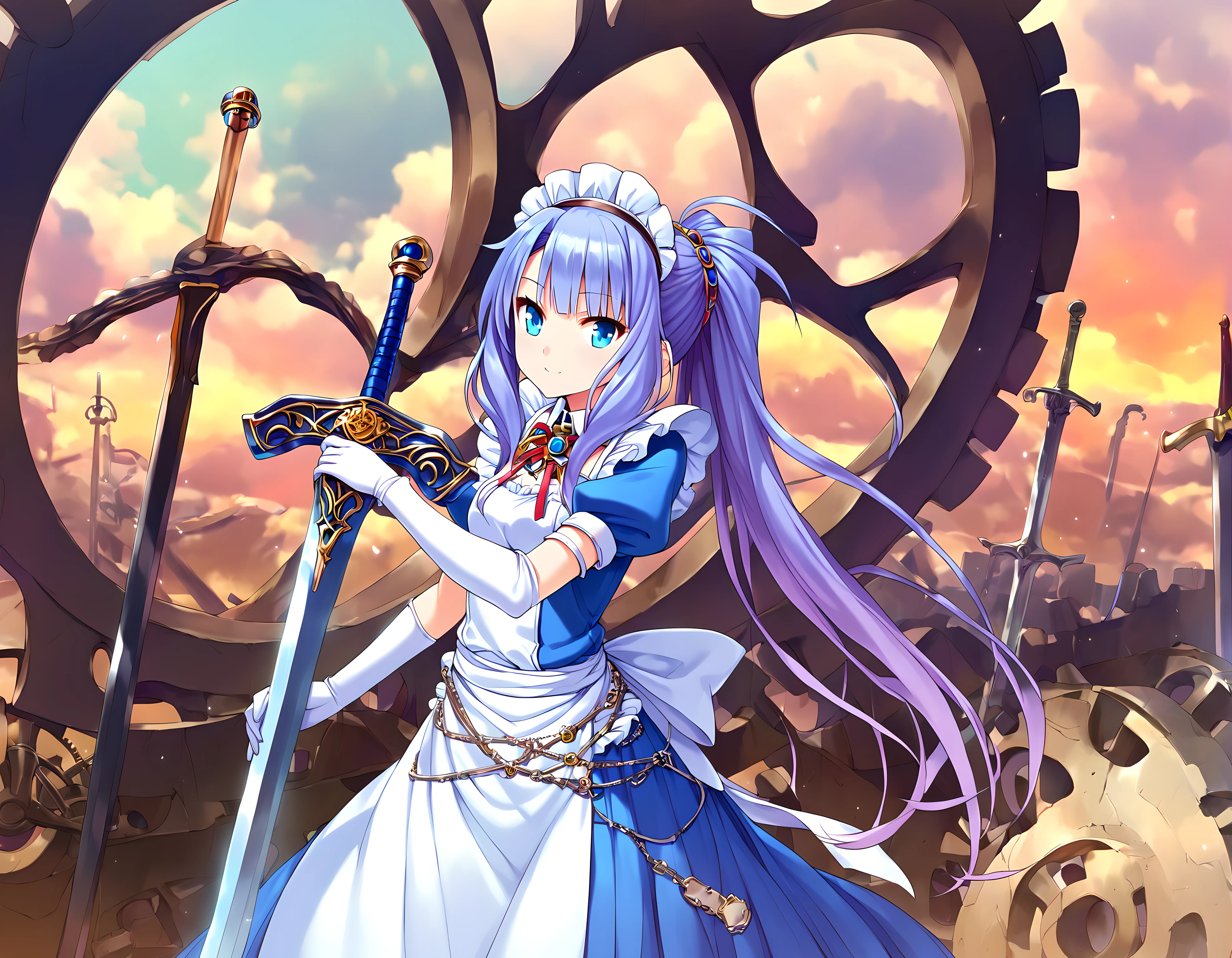 <lora:pony_xl_ubw:0.9>,score_9,score_8_up,score_7_up,source_anime,<lora:pony_xl_Priscilla:0.9>,Priscilla,maid headdress,maid,gloves,apron,white gloves,elbow gloves,gears,weapon,sword,planted,planted sword,sky,nature,hills,