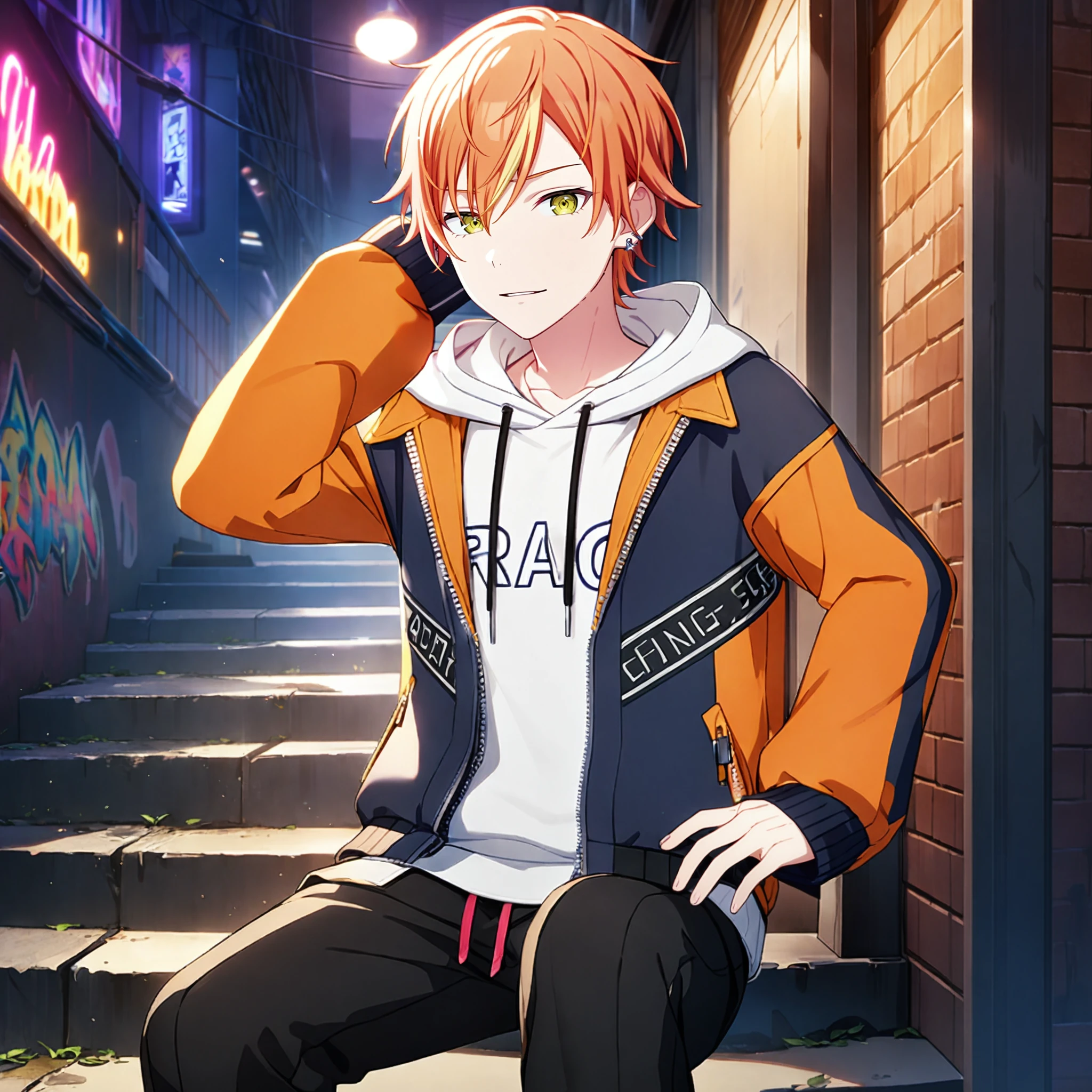 1boy, shinonome akito, project sekai, masterpiece, very aesthetic, absurdres, official art, recent,
brandnew akito, solo, orange short hair, yellow streak hair, two tone hair, (green small eyes:1.2), earrings,  
(looking at viewer:1.4),  sitting on stair, leaning forward, spread legs, 
open jacket, white hoodie, black pants, two tone jacket, orange jacket, black jacket, 
City of night, alley, night, brick wall, graffiti on wall, light rays, luminescence, dark atmosphere, neon sign,  
<lora:sdxl-vbs-BNSAk05:0.9:lbw=0,0,0.2,0.2,0,0.4,0.4,0,0.8,0.8,0,0,0,0.8,0.8,0.6,0.8,0.0,0.0,0.0,0,0,0,0,0,0>