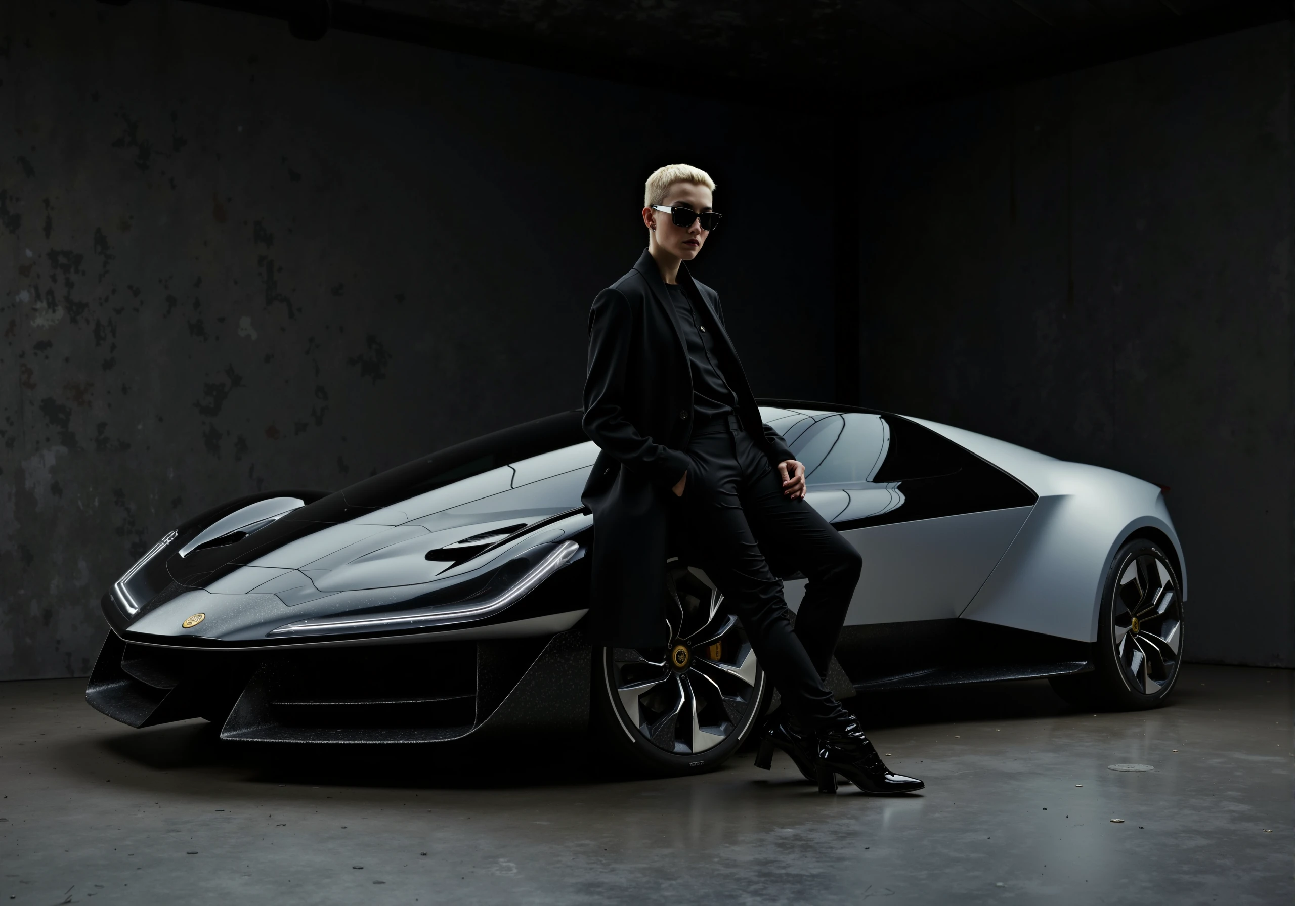 In a dimly lit, industrial setting, a sleek, futuristic Lotus Theory sports car stands out with its sharp lines and silver and black color scheme. The car's low profile and wedge-shaped body give it a cutting-edge, modern look, while the distinctive multi-spoke wheel rims add a touch of high-performance flair. The reflective surfaces of the car catch the subtle light, accentuating its bold contours and aerodynamic design.

Leaning against the hood of the Lotus Theory is a model dressed in chic, all-black attire, perfectly complementing the car's sleek aesthetic. She wears a long, tailored black coat draped over her slim frame, with stylish ankle boots and fitted trousers. Her short, blunt haircut and dark sunglasses add an air of mystery and confidence, making her a striking counterpart to the car’s futuristic design.

The soft, shadowy lighting in the scene enhances the moody, elegant atmosphere, while the interplay between the model’s avant-garde look and the car’s high-tech design creates a sense of sophistication and urban cool. The model’s relaxed yet confident posture, leaning casually against the Lotus Theory, completes the powerful visual narrative where luxury fashion meets cutting-edge automotive design.