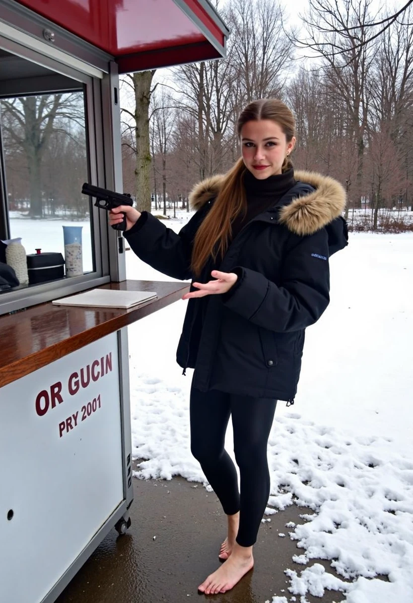 High-resolution photo, shot on digital camera, no visible artifacts, clear focus. Young woman, early 20s, casual winter attire,  wearing a black puffer jacket with a faux fur hood, tight black pvc leggings, no shoes, barefoot on wet snowy ground. She stands at a food stall outdoors, holding a handgun right hand, left hand gesturing at viewer. Blonde long ponytail, natural makeup. Background shows a park, snow-covered ground, footprints, overcast weather, trees in distance, wintery atmosphere., 