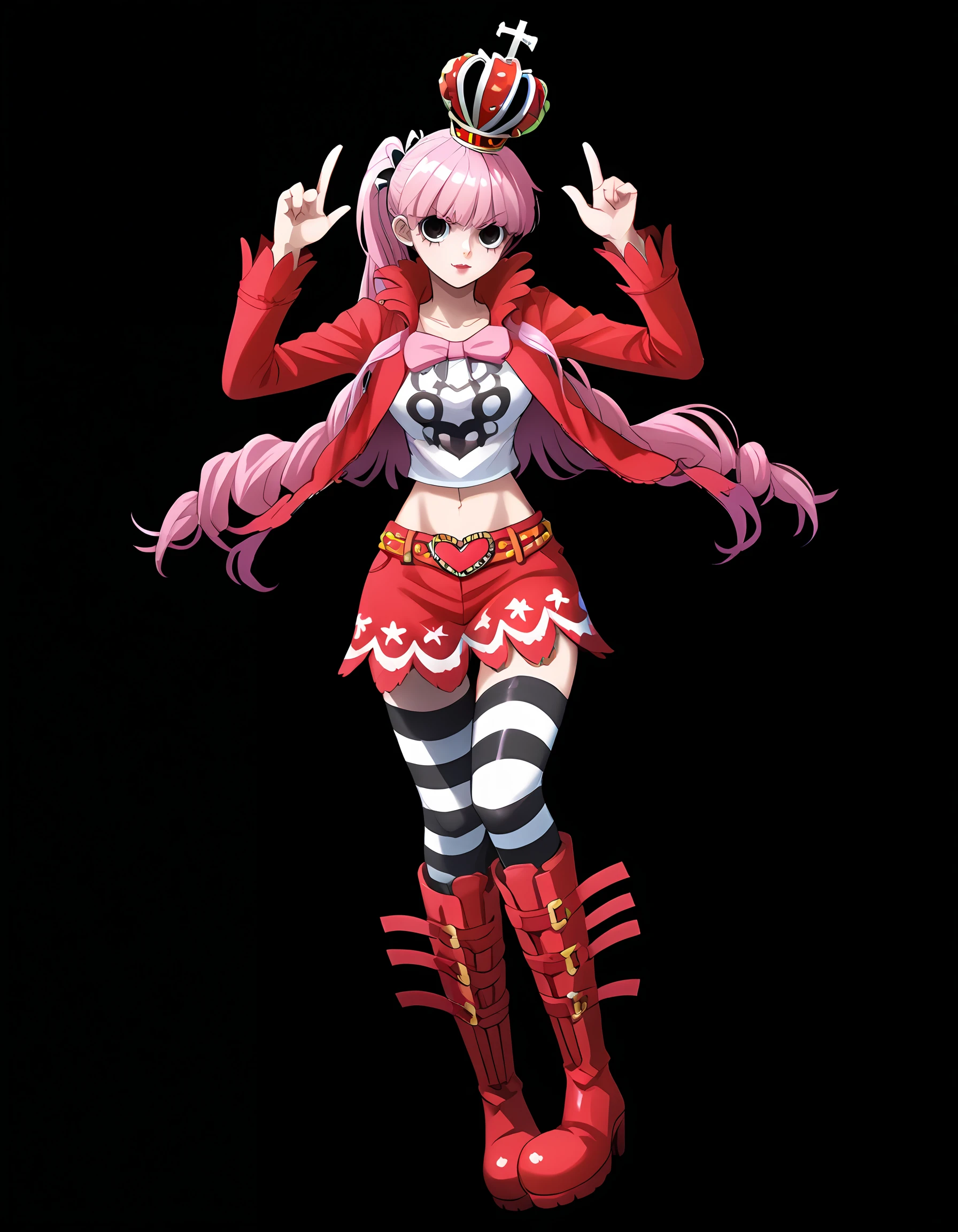 <lora:Perona:1>per0na
1girl, solo, pre-t1mesk1p, crop top, jacket, striped legwear, red boots, crown,
front view
simple black background