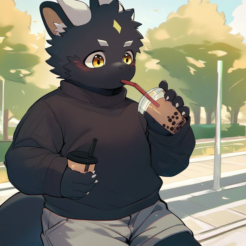 score_9_up, score_8_up, score_7_up, source_furry, mikus-style, black dragon, black body, white horns, yellow eyes, park, holding, bubble tea, black sweater, gray shorts, 1boy, solo