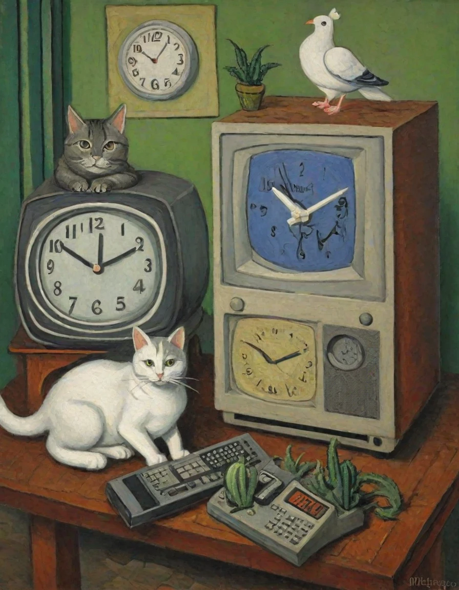 cat, dove, television set, catcus, clock,  <lora:Jean_Metzinger_Style:1.0>metzinger