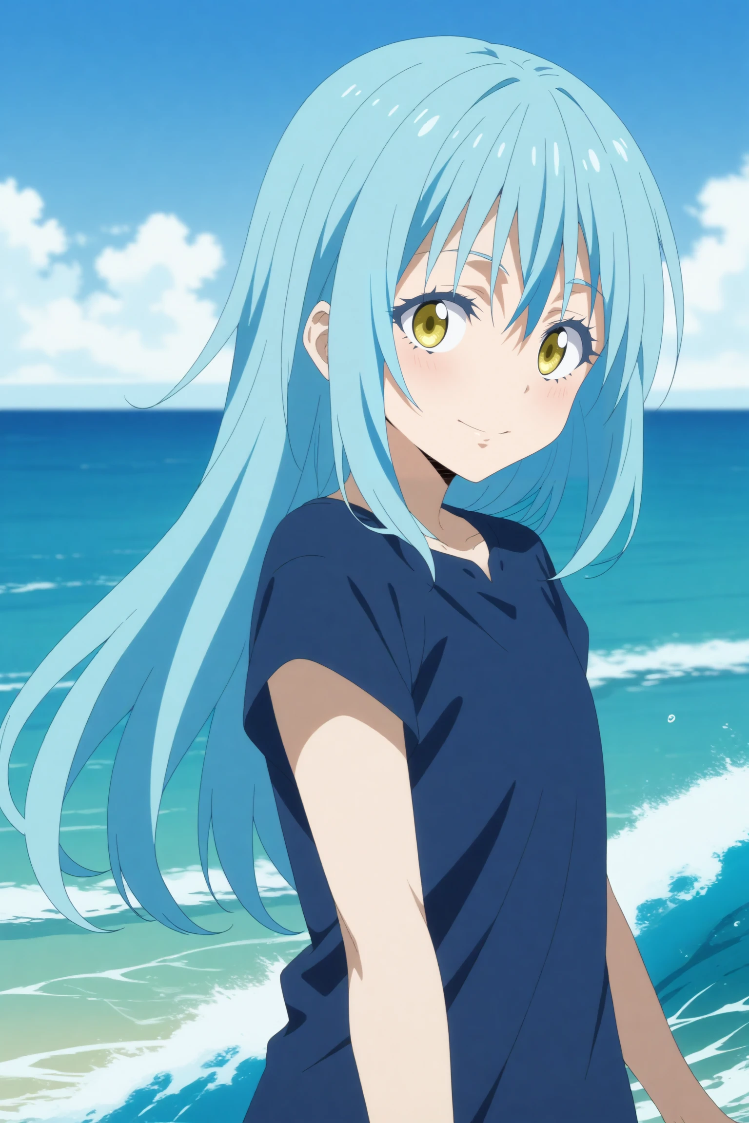 1girl,solo,rimuru,long hair,smile,bangs,hair between eyes,closed mouth,looking at viewer,blue shirt, standing short sleeves,sea,pose,upper body  <lora:Rimuru_-_Tensei_Shitara_Slime_Datta_Ken.safetensors:0.8> 