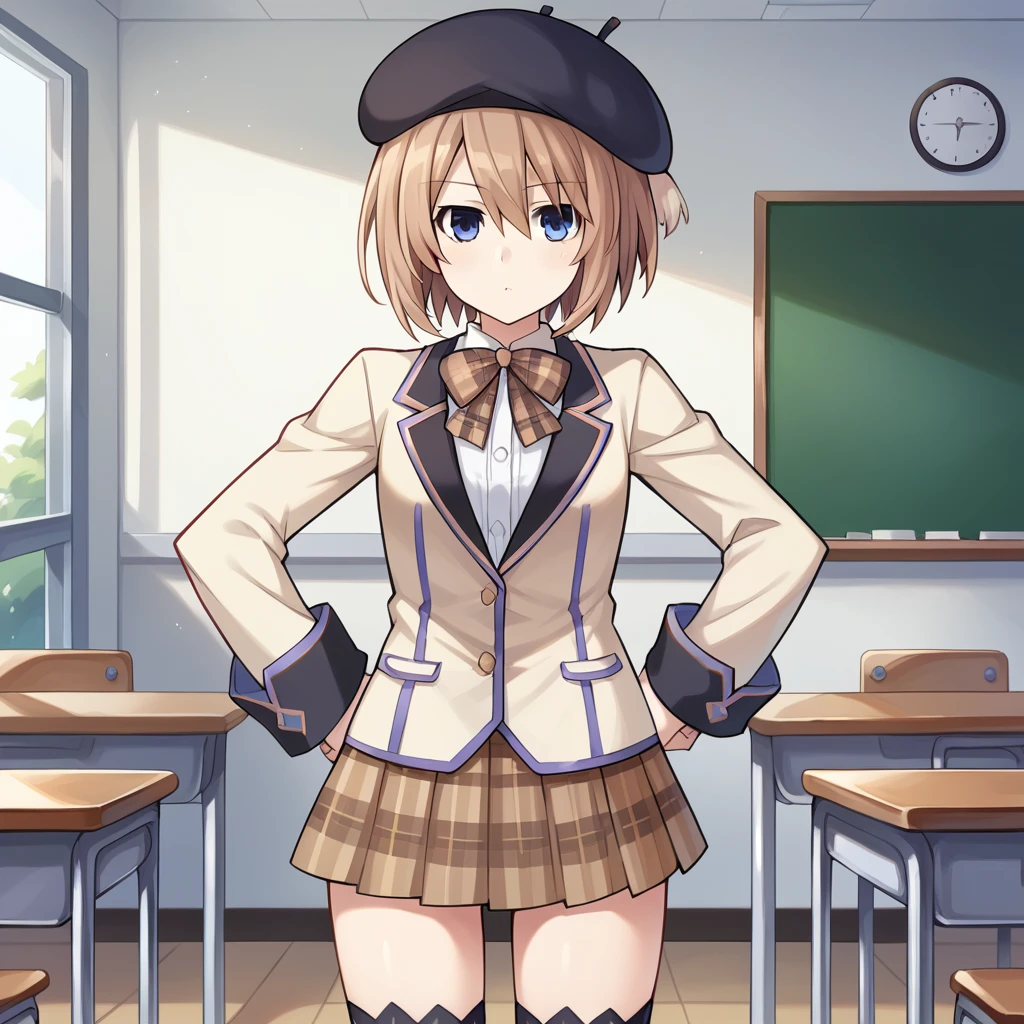 score_9_up, score_8_up, score_7_up, source_anime, 1girl, solo, BlancCPU, BlancOne, Bla_Scl, classroom, standing, hands on hips, blanc (neptune series), brown hair, short hair, blue eyes, lack thighhighs, alt thighhighs, blazer, plaid skirt, brown skirt, pleated skirt, white shirt, brown bowtie, collar shirt, long sleeves, black headwear, beret, yellow blazer, dynamic cowboy shot, indoors, School background