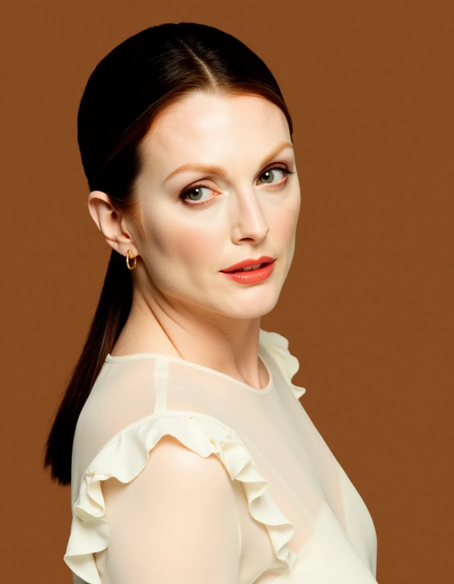 This is a high-resolution photograph of a woman with fair skin and striking green eyes, set against a solid, warm brown background. She is turned slightly to her left, looking directly at the camera with a serene expression. Her dark brown hair is pulled back into a sleek, low ponytail, revealing her delicate, symmetrical features. Her makeup is flawless, with a focus on her eyes, which are accentuated with a subtle smokey eye and long, dark lashes. Her lips are painted a bold, bright red, adding a pop of color to her otherwise neutral-toned appearance.
She is wearing a soft, white, semi-sheer blouse with ruffled, delicate sleeves that frame her shoulders. The blouse has a subtle texture that catches the light, adding depth to her upper body. She also wears small, gold hoop earrings that add a touch of elegance. The overall aesthetic of the photograph is sophisticated and minimalistic, with a focus on natural beauty and simplicity. The lighting is soft and even, highlighting her skin and the texture of her clothing. The background is a solid, matte brown, ensuring that the subject remains the focal point of the image.,Julianne Moore, <lora:Julianne_Moore_Flux_V1:1>