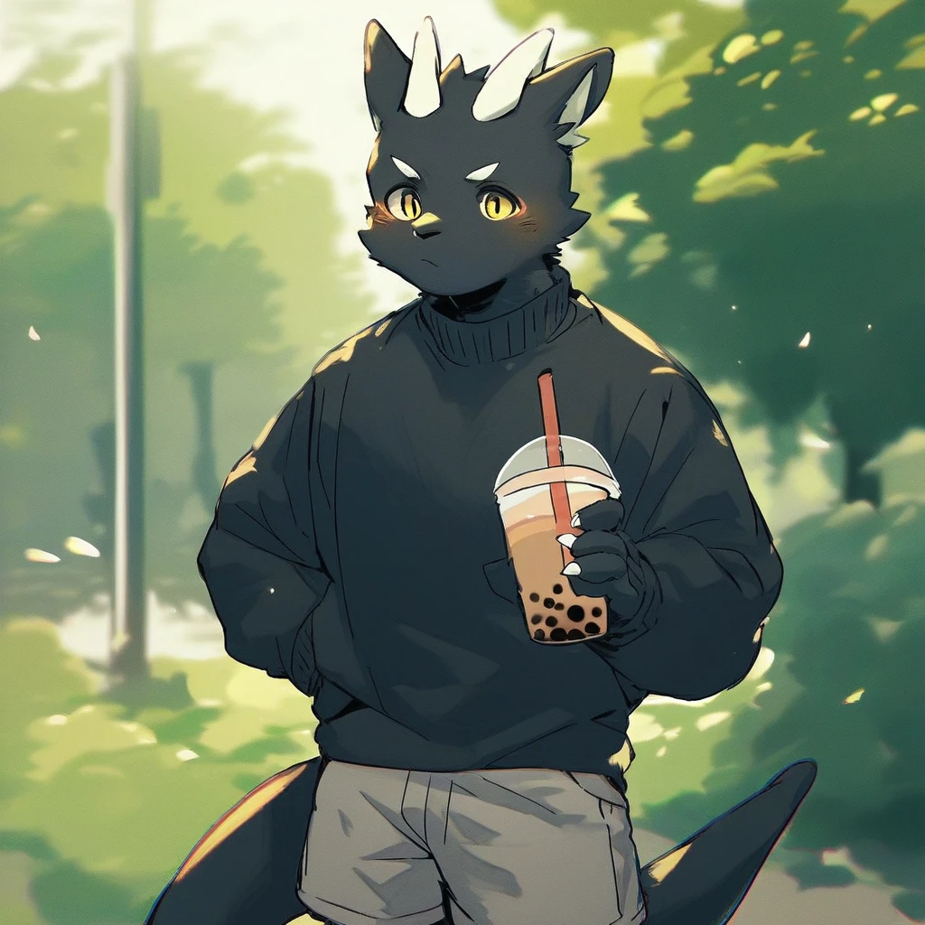 score_9_up, score_8_up, score_7_up, source_furry, mikus-wieneko138226, black dragon, black body, white horns, yellow eyes, park, holding, bubble tea, black sweater, gray shorts, 1boy, solo