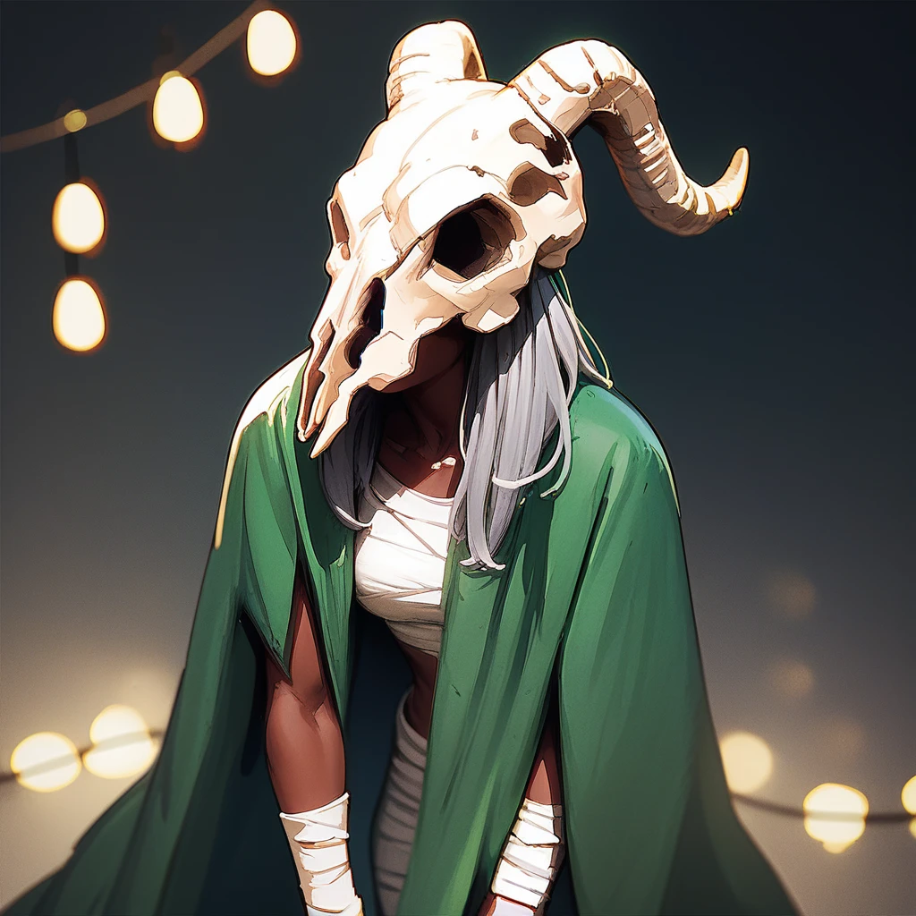 score_9, score_8_up, score_7_up, BREAK, 1girl portrait, dramatic lights thesilent, grey hair, dark skin (skull:1.3), green cloak, bandages, midriff, bandaged legs