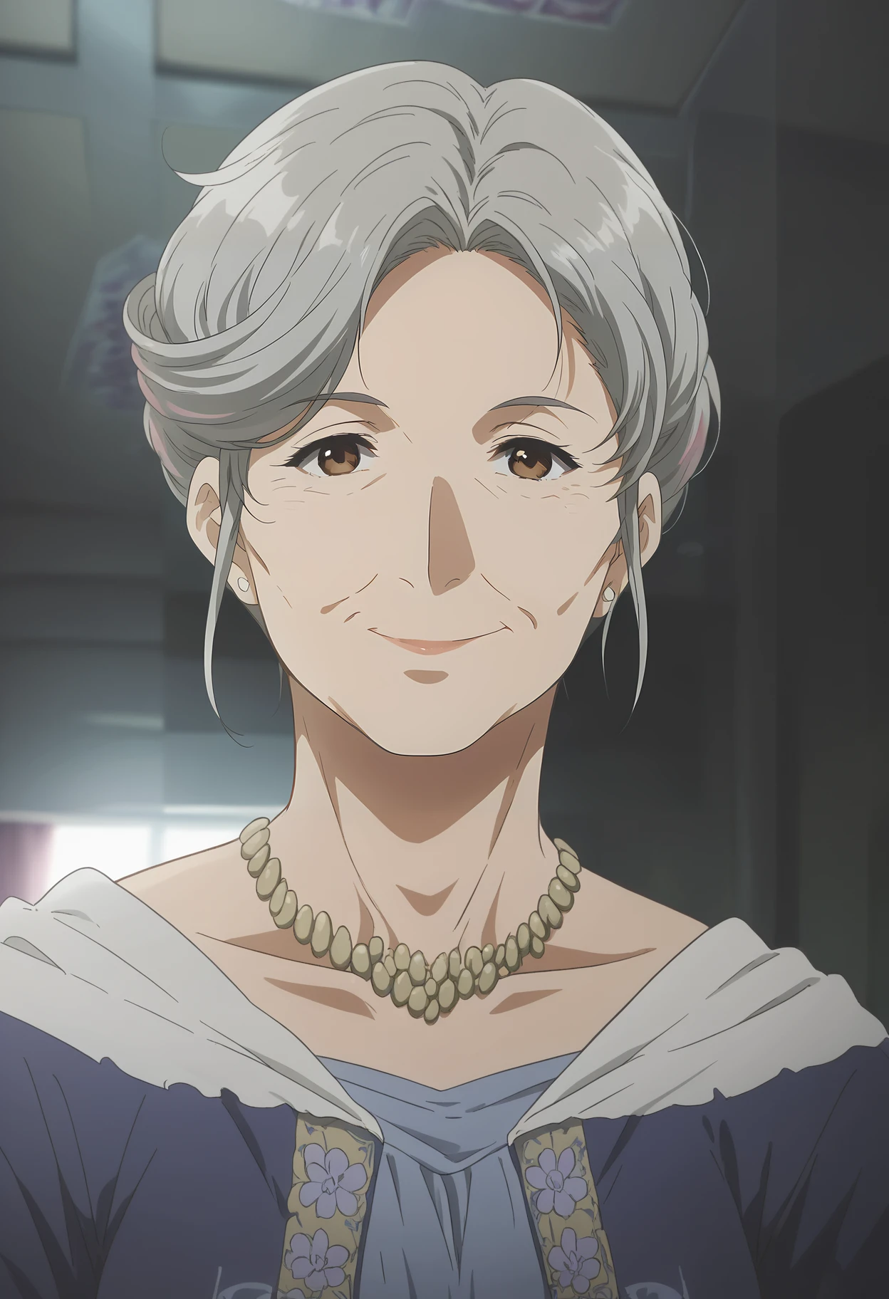 <lora:Tiffany_Evergarden-Violet_Evergarden:0.8>,Tiffany,old woman,1girl,solo,grey hair,brown eyes,dress,upper body,looking at viewer,indoors,smile